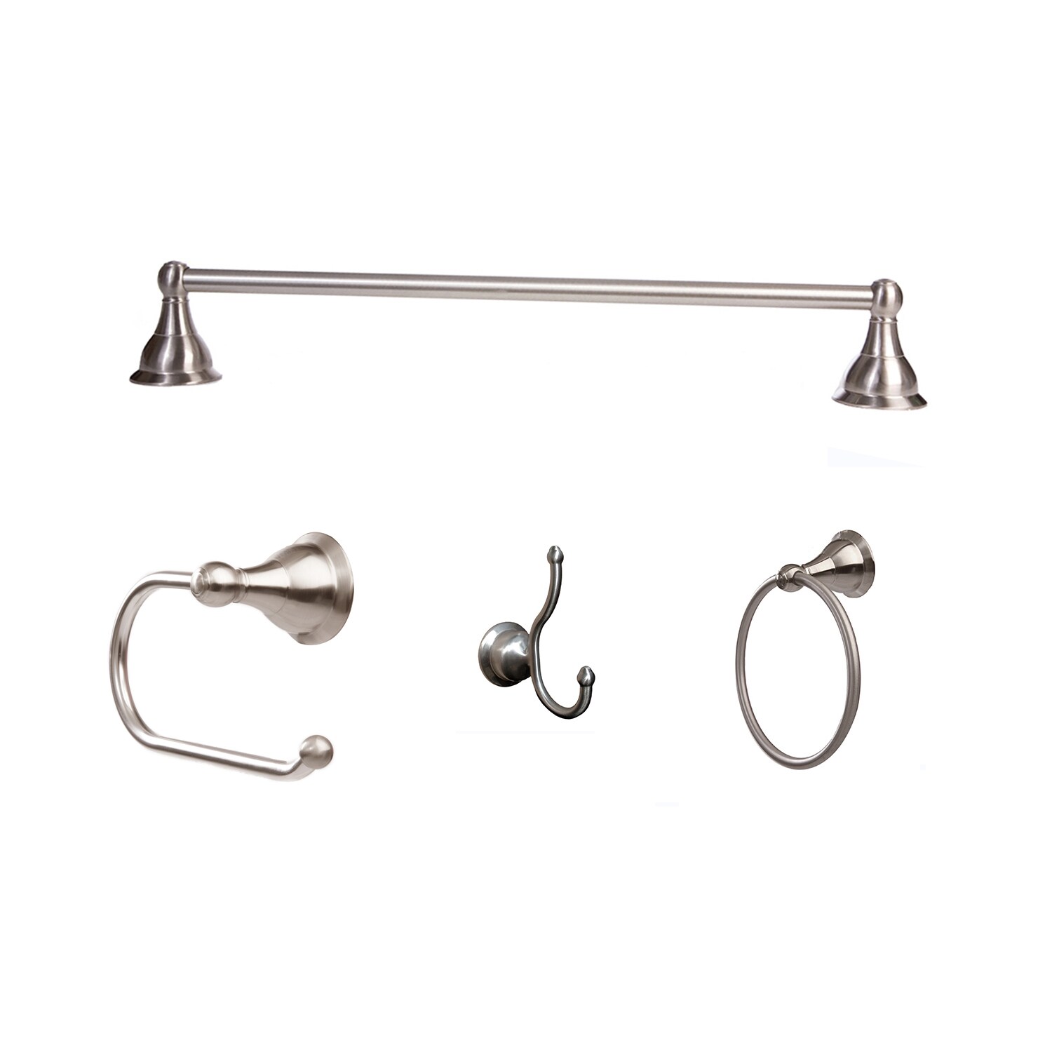 Juego de accesorios decorativos para baño en níquel cepillado de 4 piezas ARISTA Summit: barra para toallas, porta papel higiénico, argolla para toallas y gancho para batas incluidos 3602-4SET CP-BN