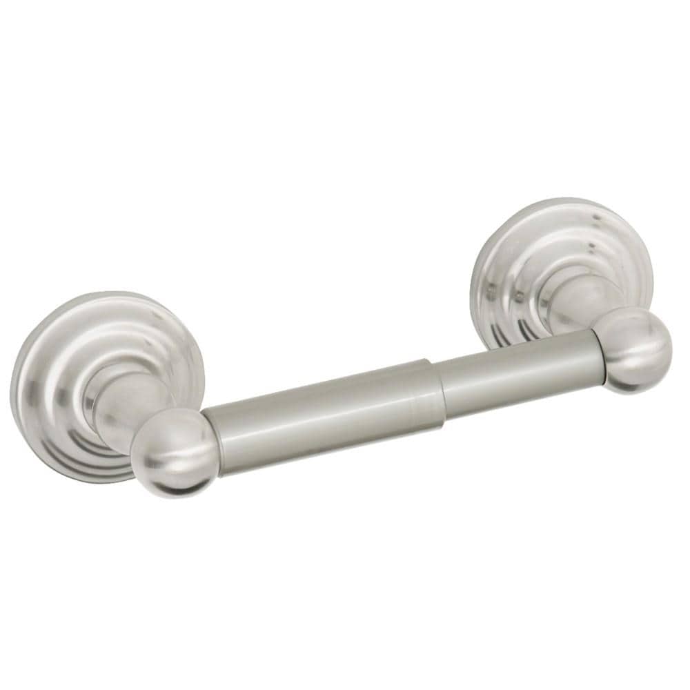 Set de accesorios decorativos para baño de 4 piezas en níquel satinado modelo Calisto que incluye barra de toallas, soporte para papel de baño, argolla para toallas y gancho para batas.