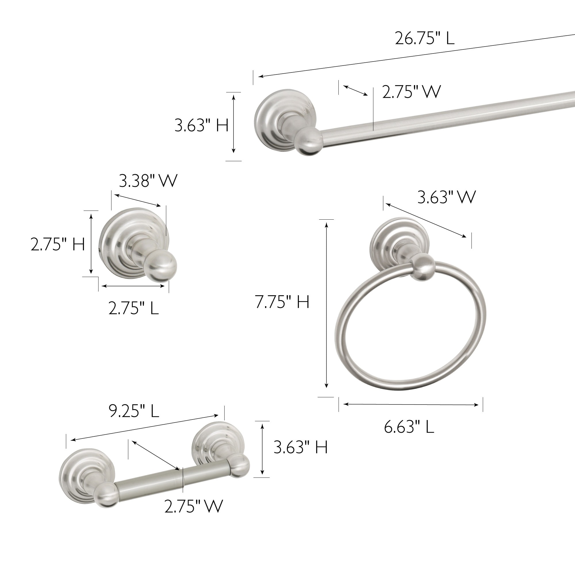 Set de accesorios decorativos para baño de 4 piezas en níquel satinado modelo Calisto que incluye barra de toallas, soporte para papel de baño, argolla para toallas y gancho para batas.