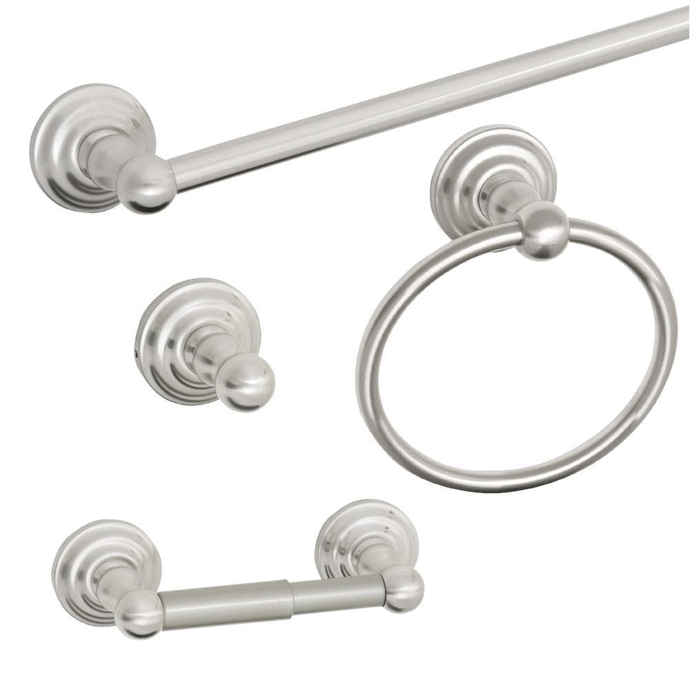 Set de accesorios decorativos para baño de 4 piezas en níquel satinado modelo Calisto que incluye barra de toallas, soporte para papel de baño, argolla para toallas y gancho para batas.