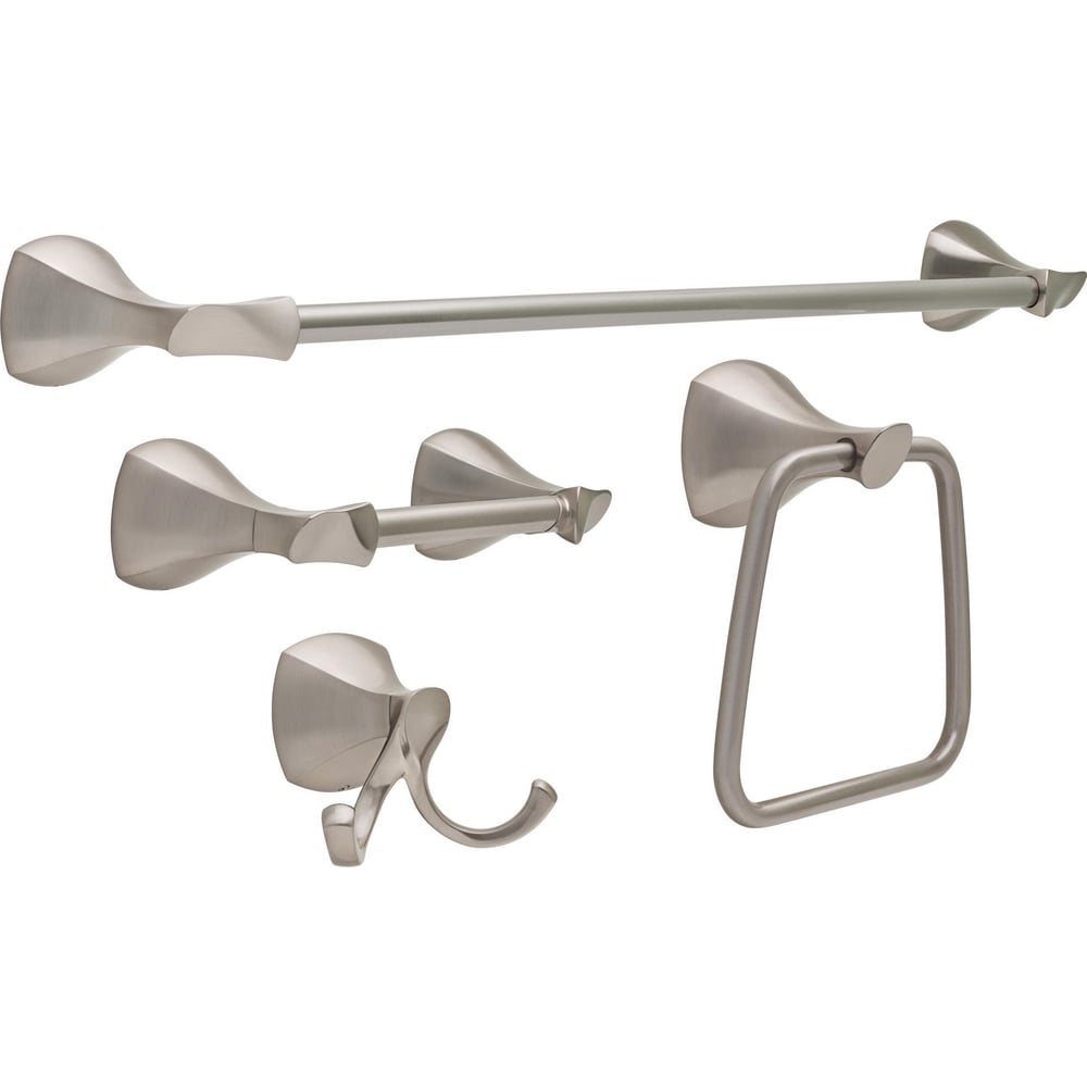 Juego de Accesorios Decorativos para Baño en Níquel Cepillado Delta Sandover de 4 Piezas con Protección Antimanchas - Barra de Toalla, Porta Papel Higiénico, Anillo de Toalla y Gancho para Bata incluidos
