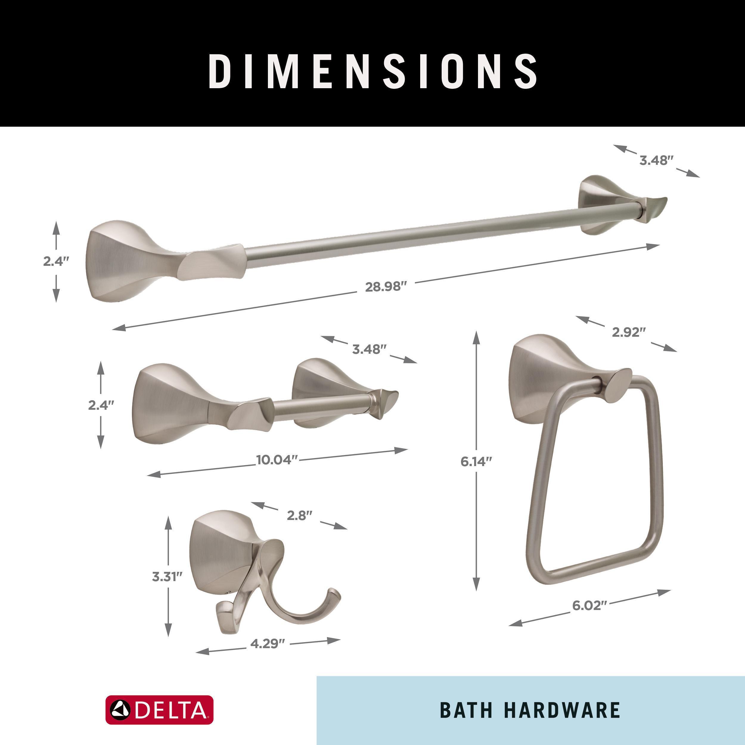Juego de Accesorios Decorativos para Baño en Níquel Cepillado Delta Sandover de 4 Piezas con Protección Antimanchas - Barra de Toalla, Porta Papel Higiénico, Anillo de Toalla y Gancho para Bata incluidos
