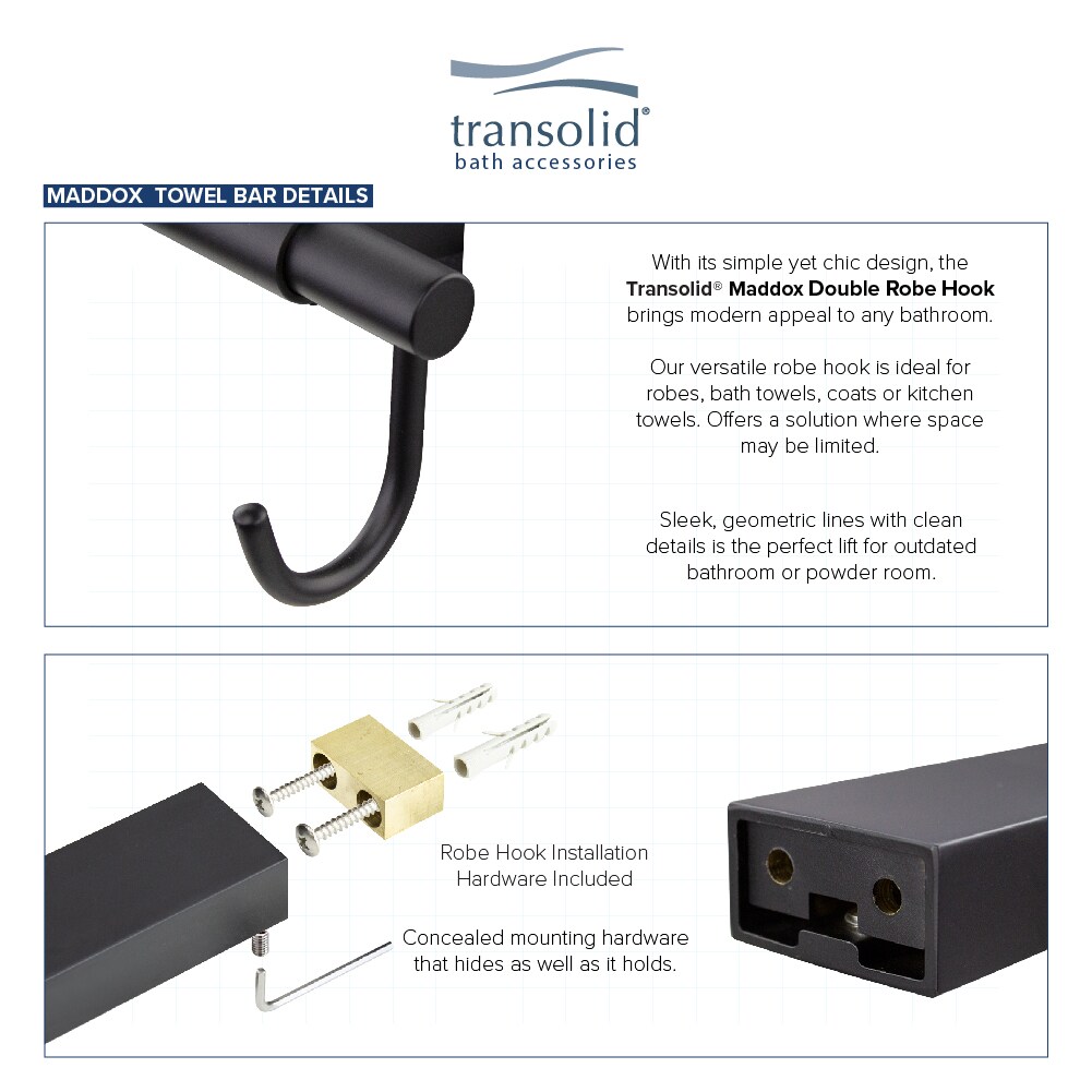 Juego de Accesorios de Baño Decorativos Transolid Maddox Negro de 4 Piezas - Incluye Barra de Toallas, Portarrollos de Papel, Argolla de Toalla y Gancho para Bata KA-MDX-4-BK