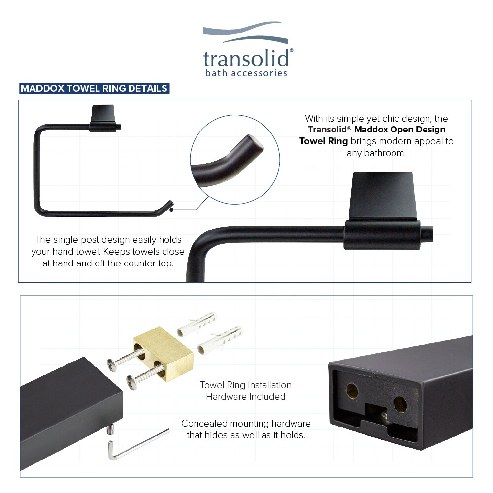 Juego de Accesorios de Baño Decorativos Transolid Maddox Negro de 4 Piezas - Incluye Barra de Toallas, Portarrollos de Papel, Argolla de Toalla y Gancho para Bata KA-MDX-4-BK