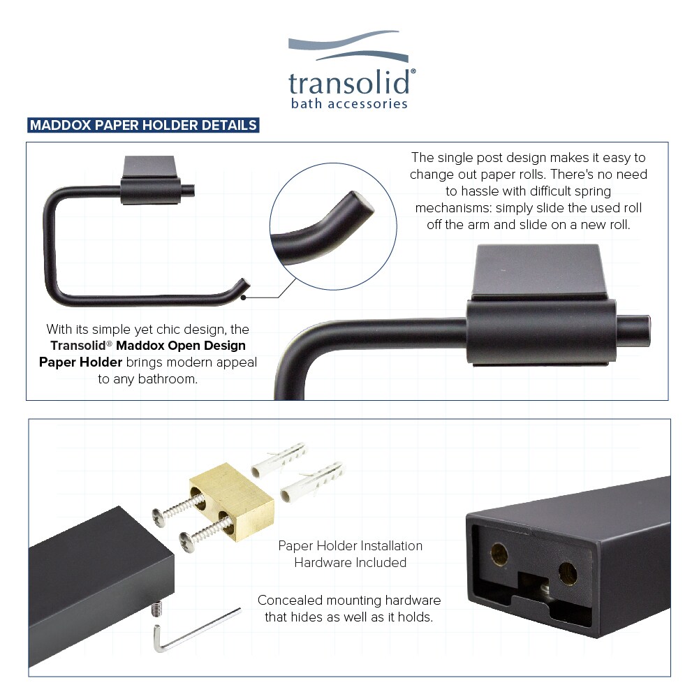 Juego de Accesorios de Baño Decorativos Transolid Maddox Negro de 4 Piezas - Incluye Barra de Toallas, Portarrollos de Papel, Argolla de Toalla y Gancho para Bata KA-MDX-4-BK