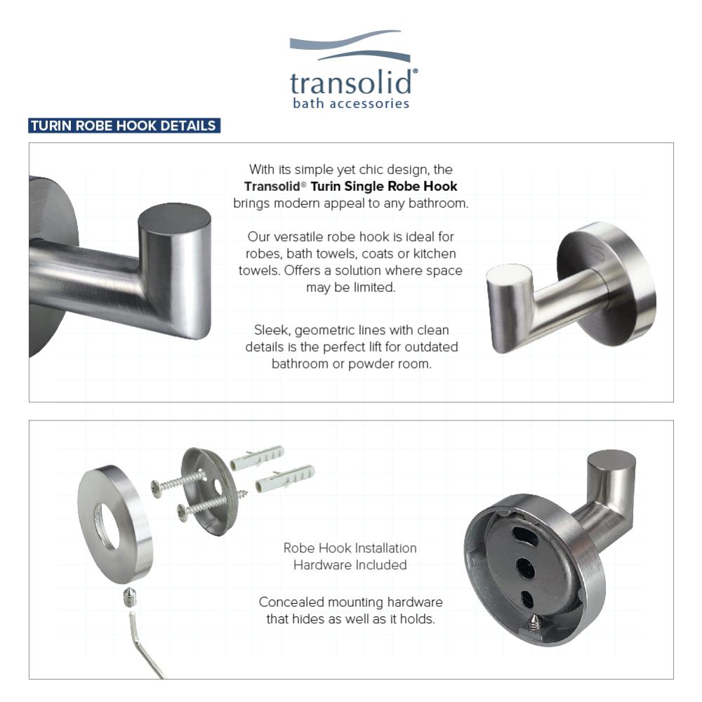 Juego de accesorios de baño decorativos de acero inoxidable cepillado de 3 piezas Turín Transolid: barra de toallas, porta papel higiénico, argolla de toallas y gancho para bata incluido.