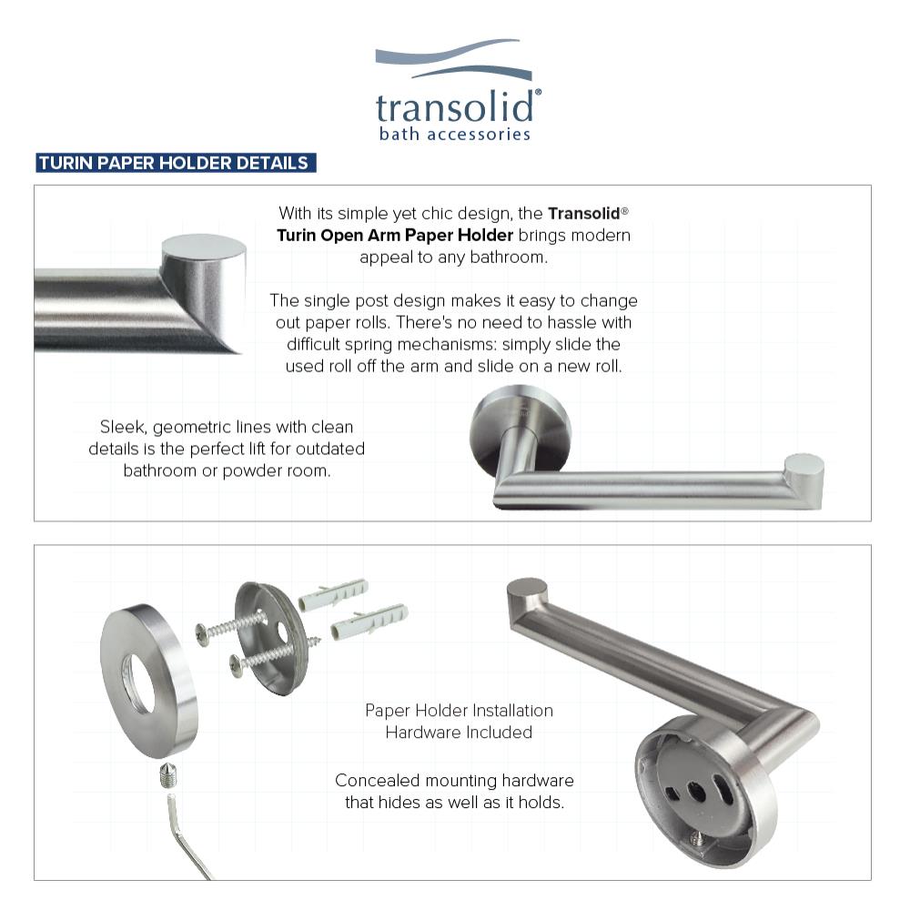 Juego de accesorios de baño decorativos de acero inoxidable cepillado de 3 piezas Turín Transolid: barra de toallas, porta papel higiénico, argolla de toallas y gancho para bata incluido.