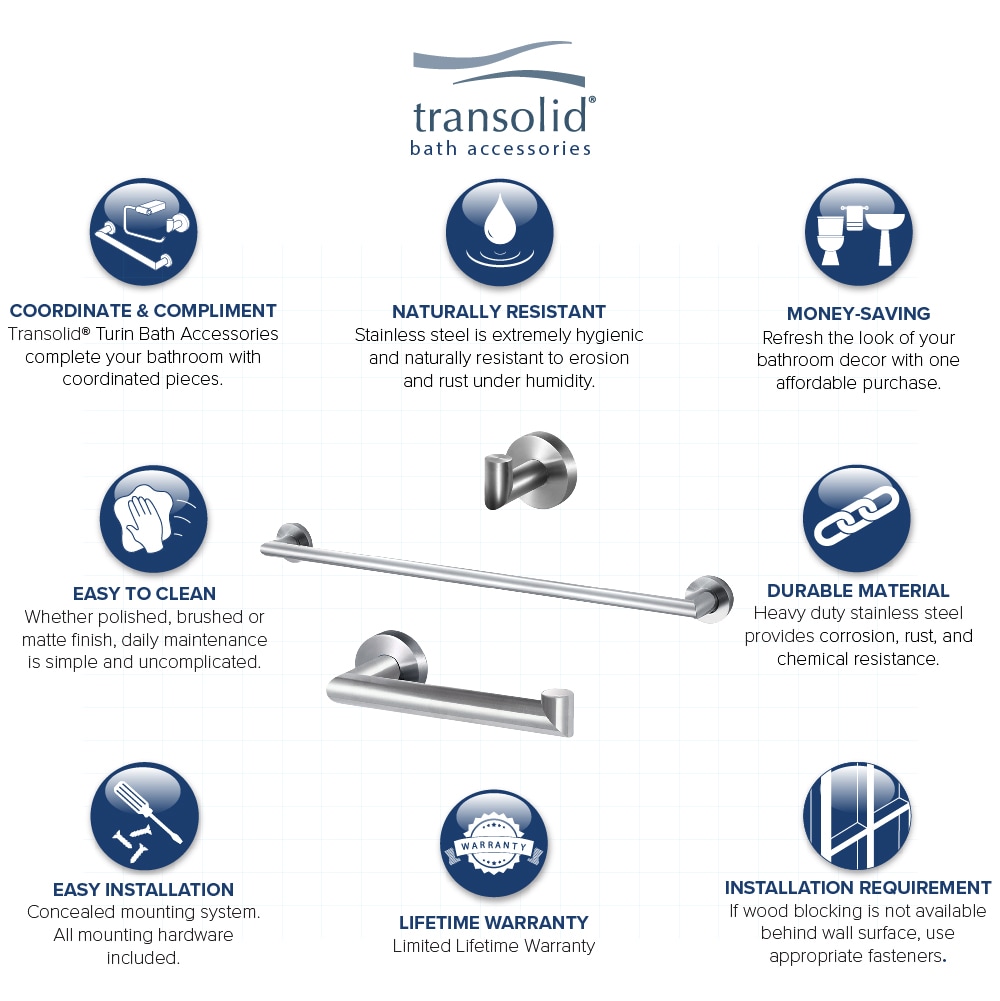 Juego de accesorios de baño decorativos de acero inoxidable cepillado de 3 piezas Turín Transolid: barra de toallas, porta papel higiénico, argolla de toallas y gancho para bata incluido.