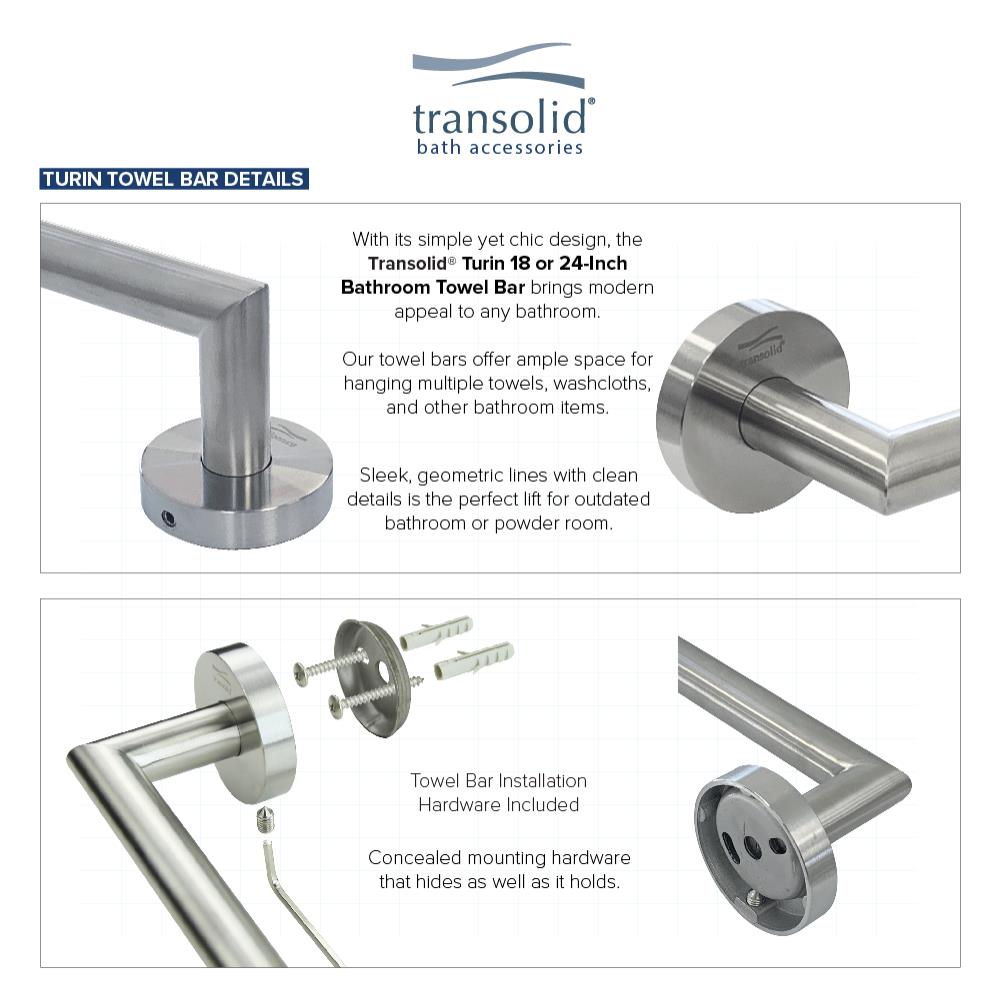 Juego de accesorios de baño decorativos de acero inoxidable cepillado de 3 piezas Turín Transolid: barra de toallas, porta papel higiénico, argolla de toallas y gancho para bata incluido.
