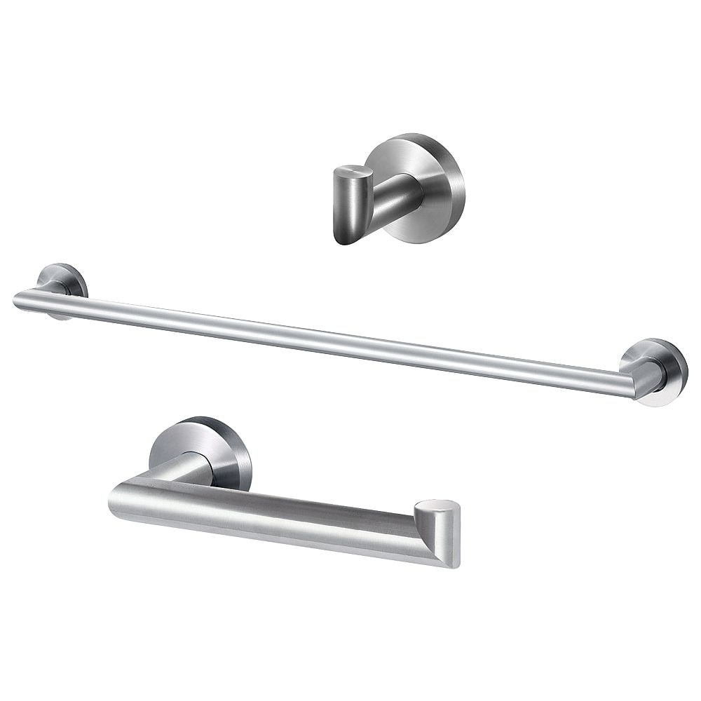 Juego de accesorios de baño decorativos de acero inoxidable cepillado de 3 piezas Turín Transolid: barra de toallas, porta papel higiénico, argolla de toallas y gancho para bata incluido.