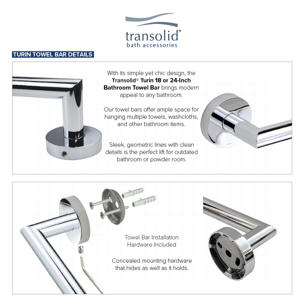 Juego de Accesorios de Baño Decorativos de 3 Piezas en Cromo Pulido Turín de Transolid - Incluye Barra para Toallas, Porta Papel Higiénico, Argolla para Toallas y Gancho para Batas KA-TUR-3-PC