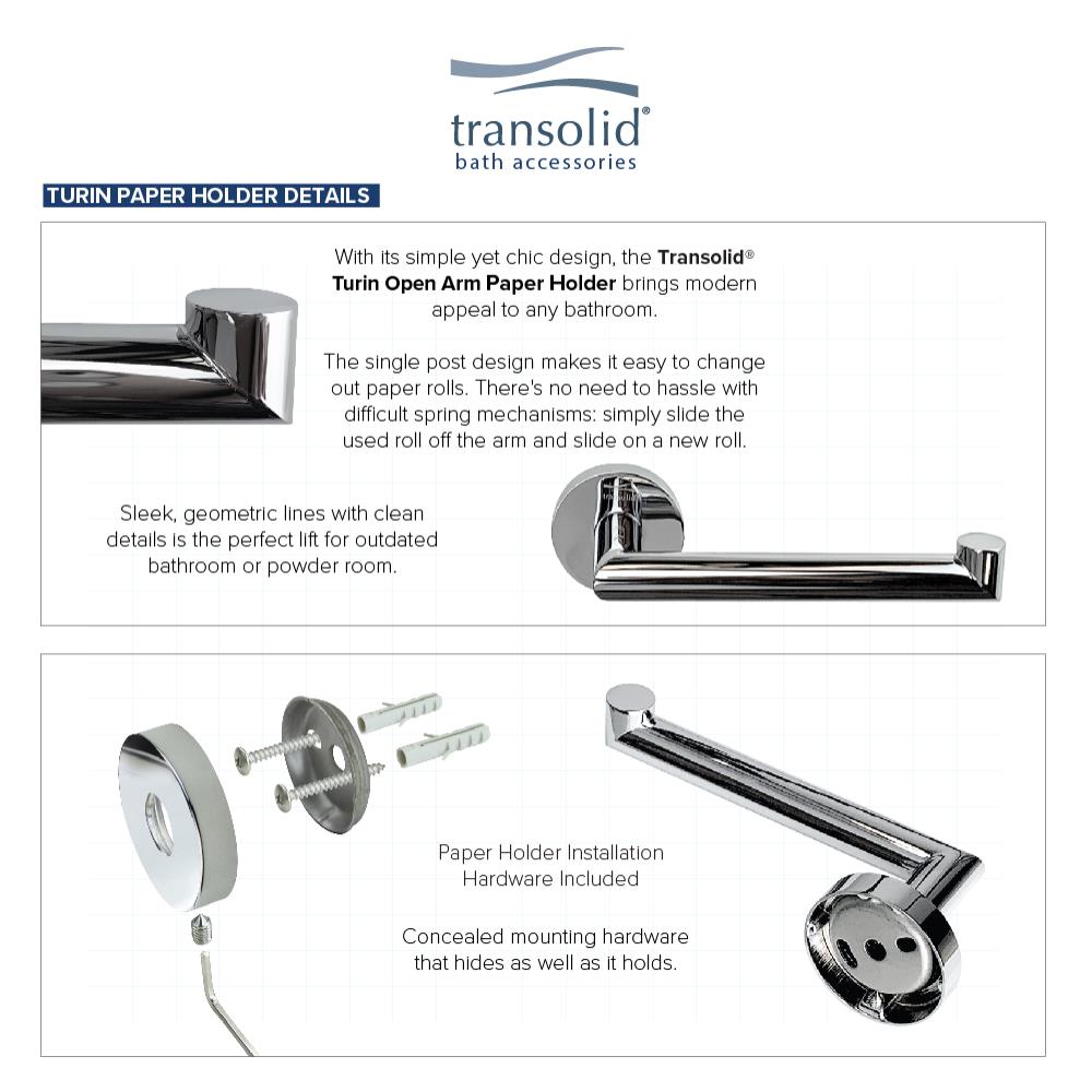 Juego de Accesorios de Baño Decorativos de 3 Piezas en Cromo Pulido Turín de Transolid - Incluye Barra para Toallas, Porta Papel Higiénico, Argolla para Toallas y Gancho para Batas KA-TUR-3-PC