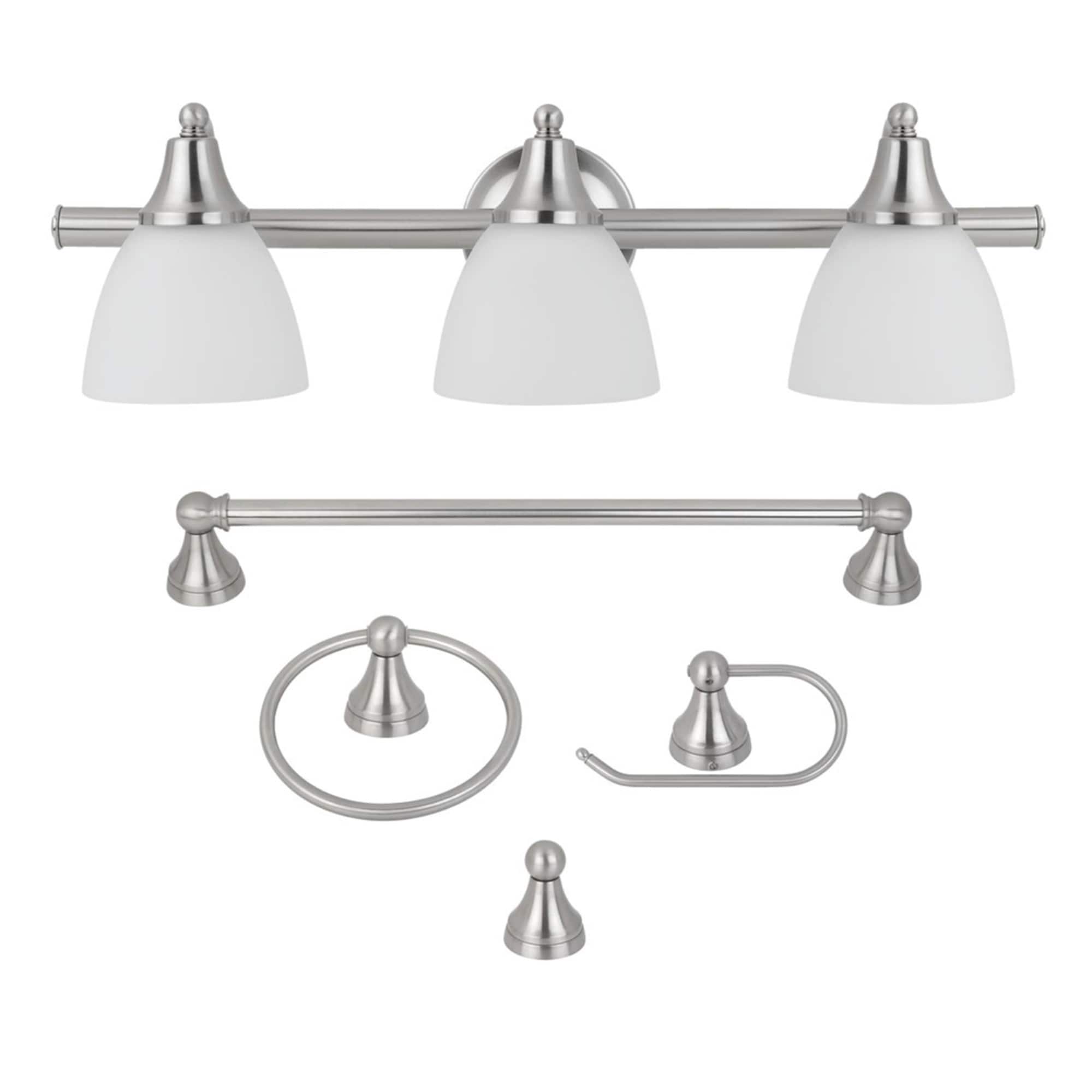 Juego de Accesorios Decorativos para Baño de Acero Cepillado 5 Piezas Globe Electric - Barra de Toallas, Porta Papel Higiénico, Argolla para Toallas, Gancho para Batas Incluido 50700