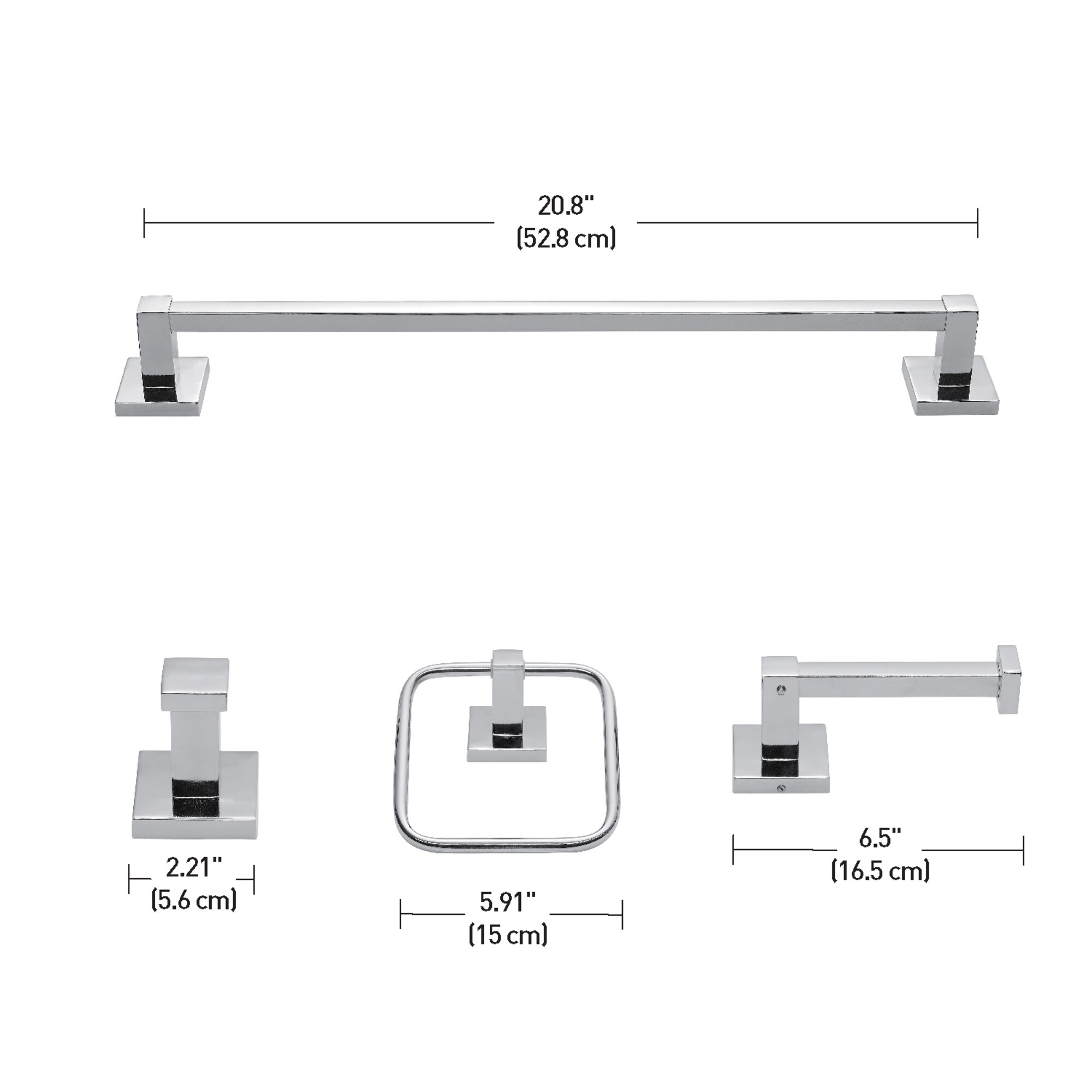 Juego de accesorios de baño decorativos de cromo/pulido de 4 piezas de Globe Electric - Barra de toallas, portarrollos, aro de toallas y gancho para batas incluidos 51368