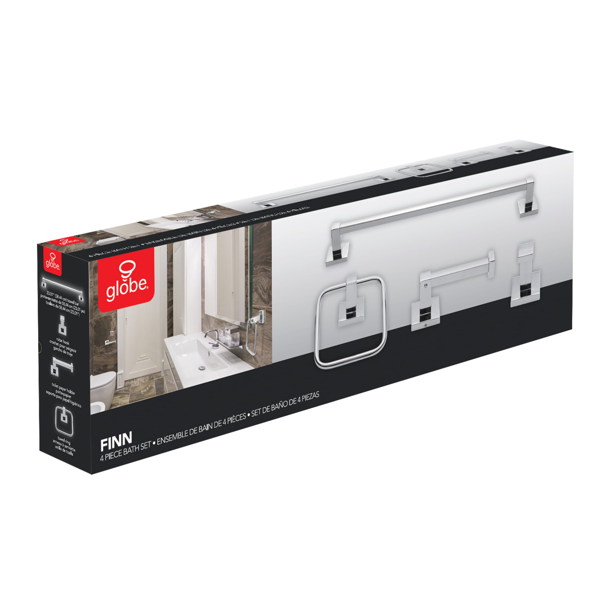 Juego de accesorios de baño decorativos de cromo/pulido de 4 piezas de Globe Electric - Barra de toallas, portarrollos, aro de toallas y gancho para batas incluidos 51368
