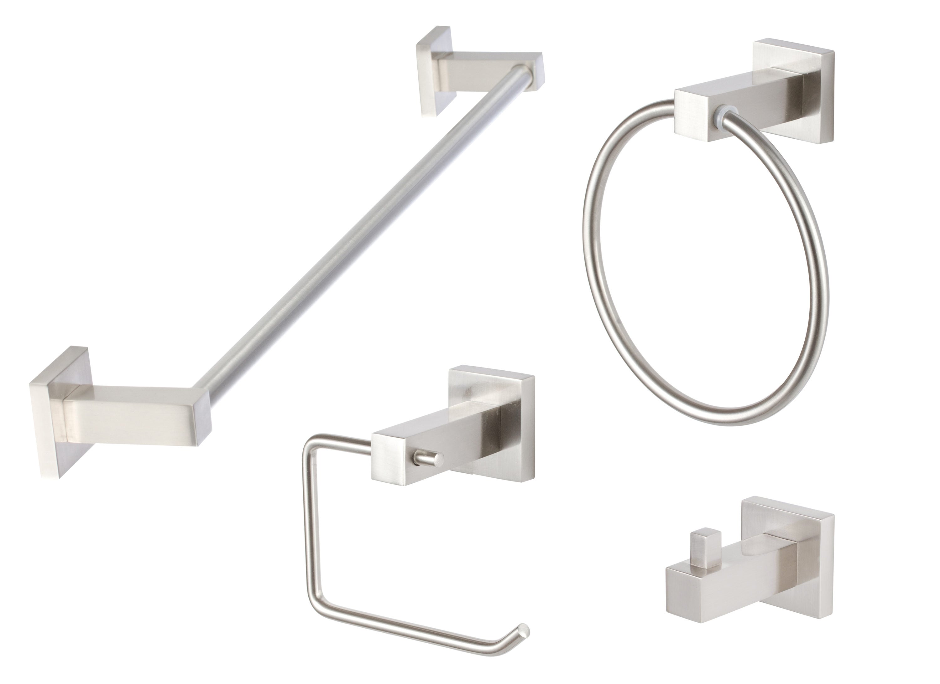 Juego de accesorios de baño decorativos de níquel satinado Sure-Loc Hardware Baden de 4 piezas: Barra de toallas, portarrollos, argolla de toallas y gancho para batas incluidos BD-SET PH1 15