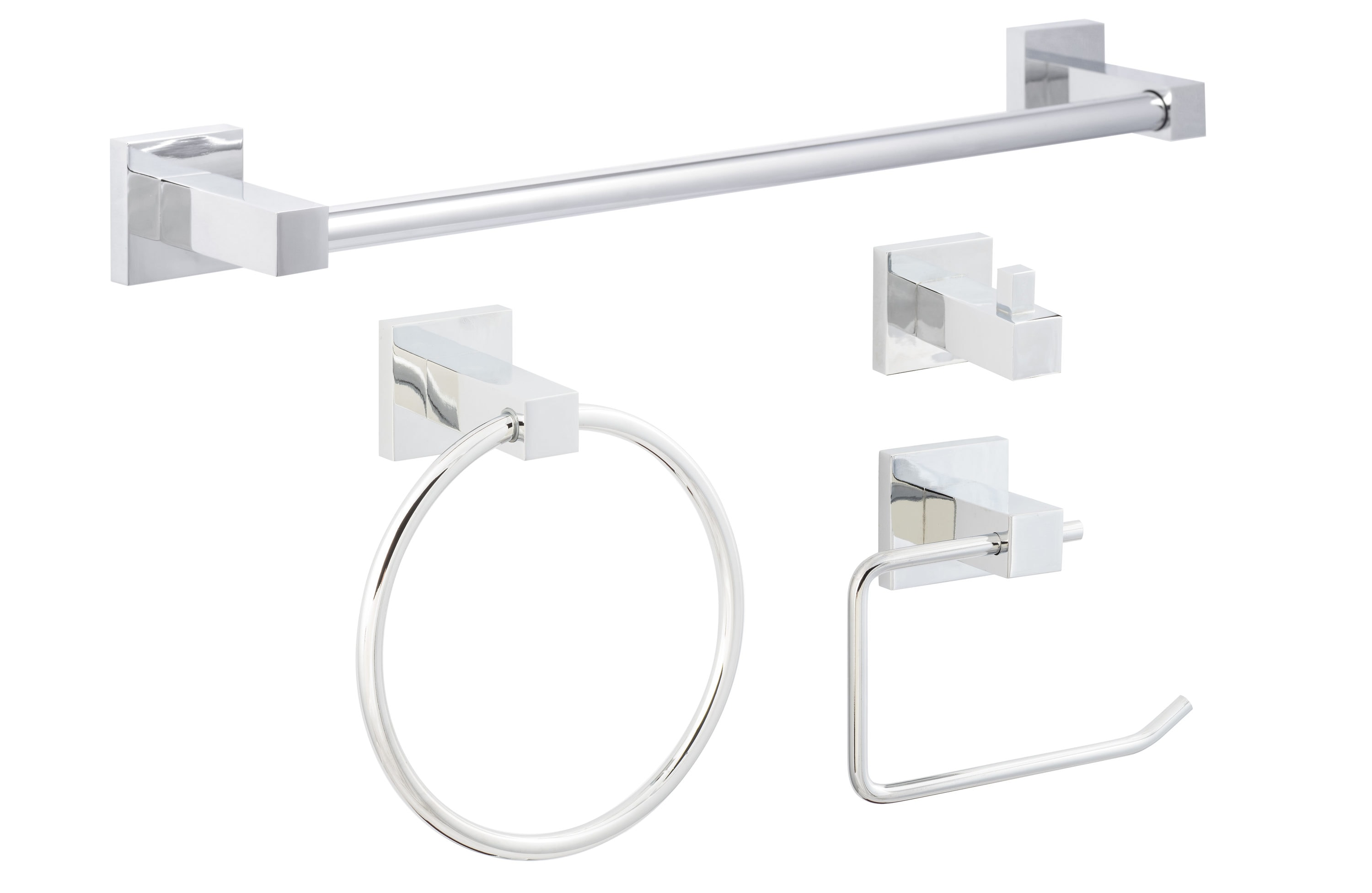 Juego de accesorios de baño decorativos de 4 piezas en cromo pulido Baden de Sure-Loc Hardware - Incluye barra de toalla, porta papel higiénico, aro de toalla y gancho para batas. BD-SET PH1 26