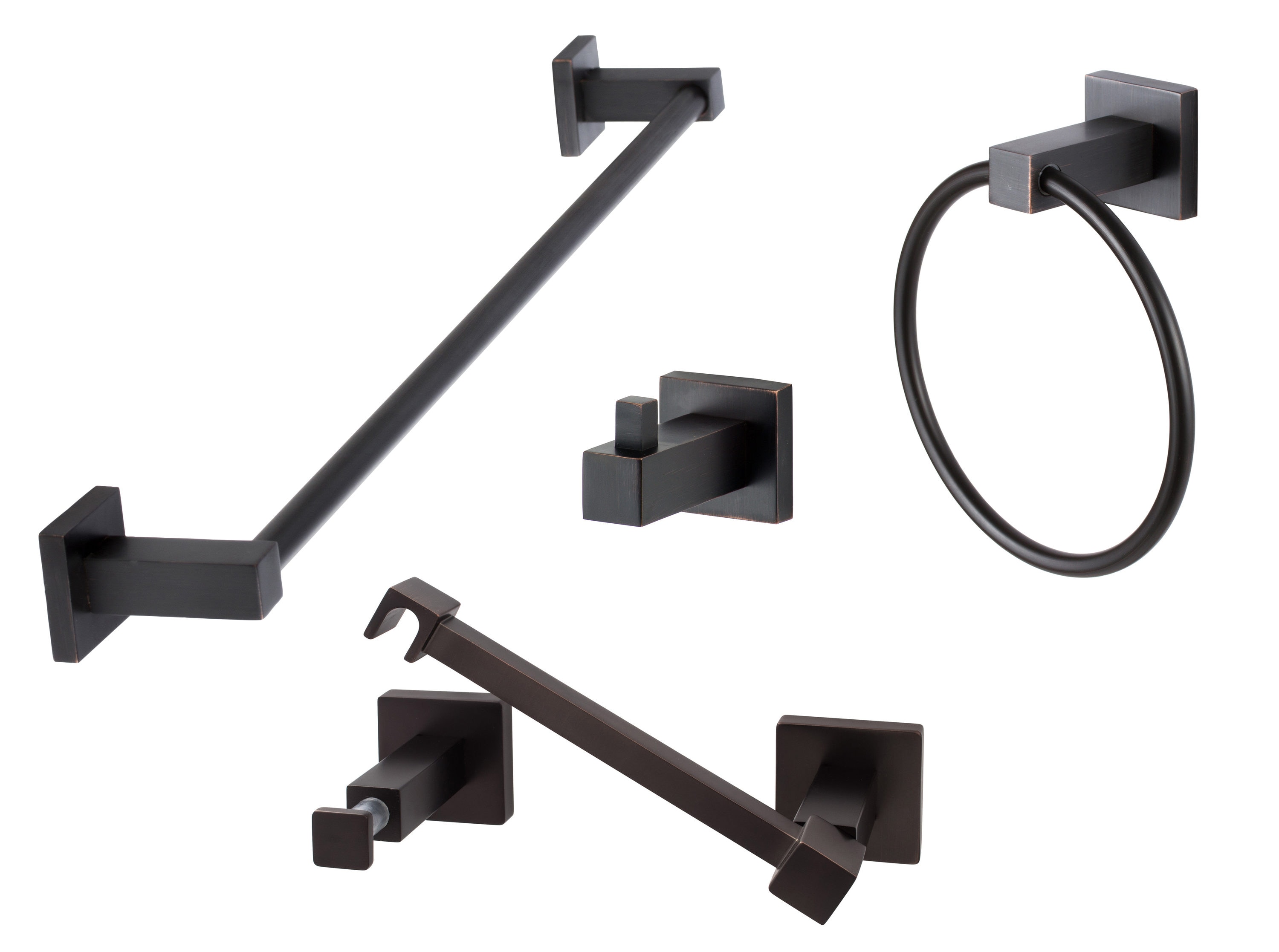 Juego de accesorios de baño decorativos en bronce vintage Baden de 4 piezas Sure-Loc Hardware: barra de toallas, porta papel higiénico, argolla para toallas y gancho para batas incluidos BD-SET PH2 11P