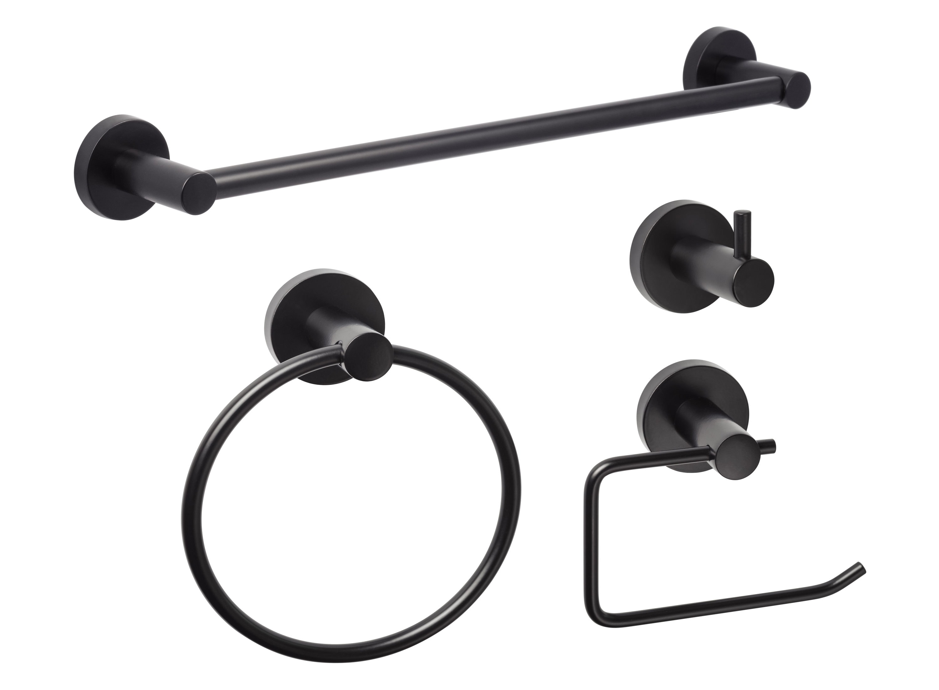 Juego de accesorios de baño decorativos en color negro mate de 4 piezas Sure-Loc Hardware Lugano: Barra de toallas, porta rollo de papel, argolla para toallas y gancho para batas incluido LG-SET PH1 FBL