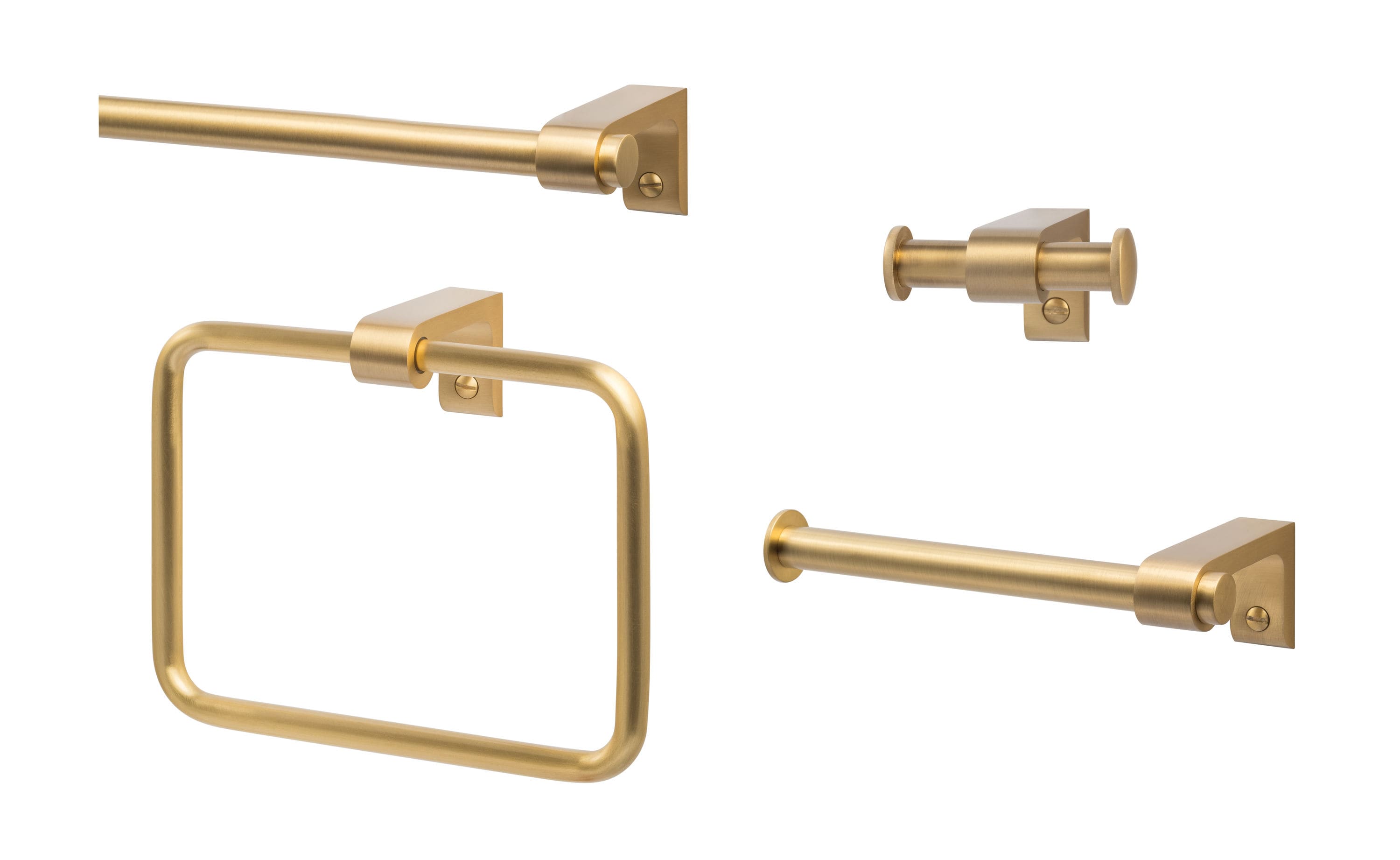 Juego de Accesorios Decorativos para Baño de 4 Piezas en Latón Satinado Sedona, Incluye Barra de Toallas, Porta Papel Higiénico, Argolla para Toallas y Gancho para Batas Sure-Loc Hardware SD-SET SB