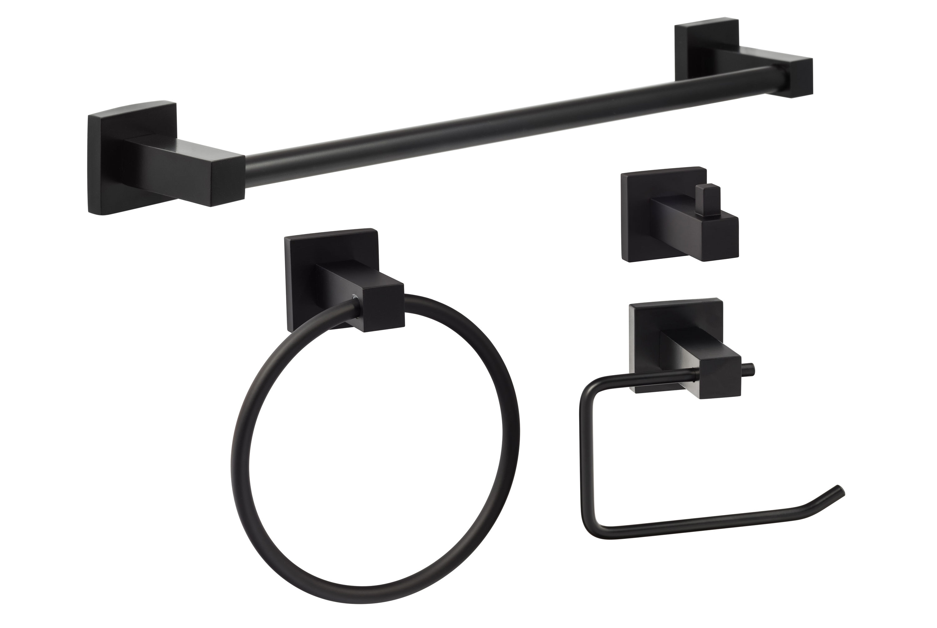 Juego de Baño Decorativo Negro Mate Baden de 4 Piezas de Sure-Loc Hardware: Barra de Toallas, Porta Papel, Argolla para Toallas y Gancho para Batas incluidos BD-SET PH1 FBL