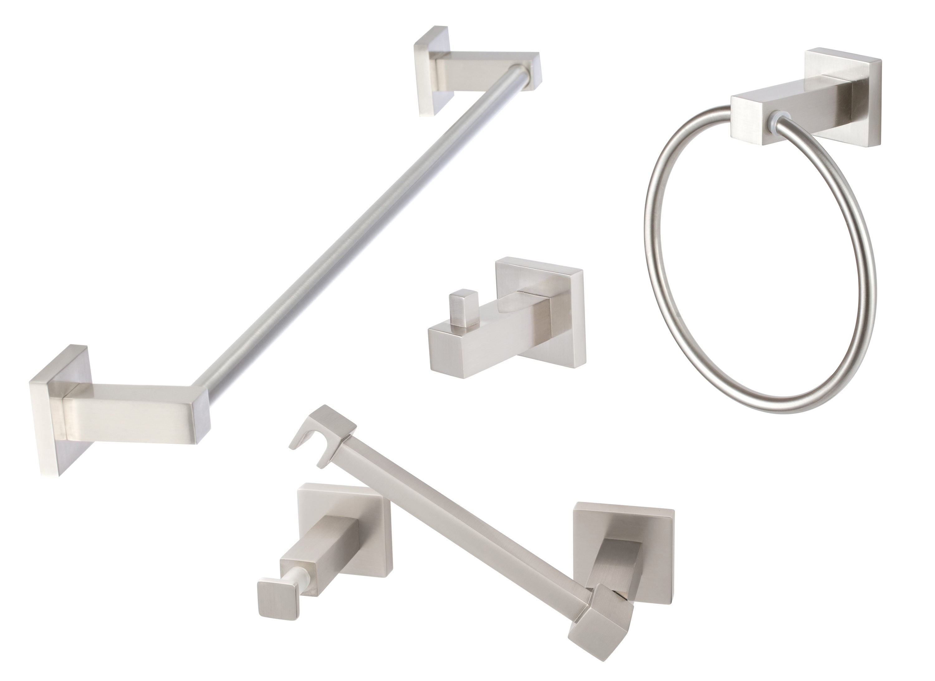 Juego de Accesorios Decorativos para Baño de 4 piezas, Acabado en Níquel Satinado Modelo Baden - Incluye Barra para Toallas, Porta Papel Higiénico, Anillo para Toalla y Gancho para Batas de Sure-Loc Hardware BD-SET PH2 15