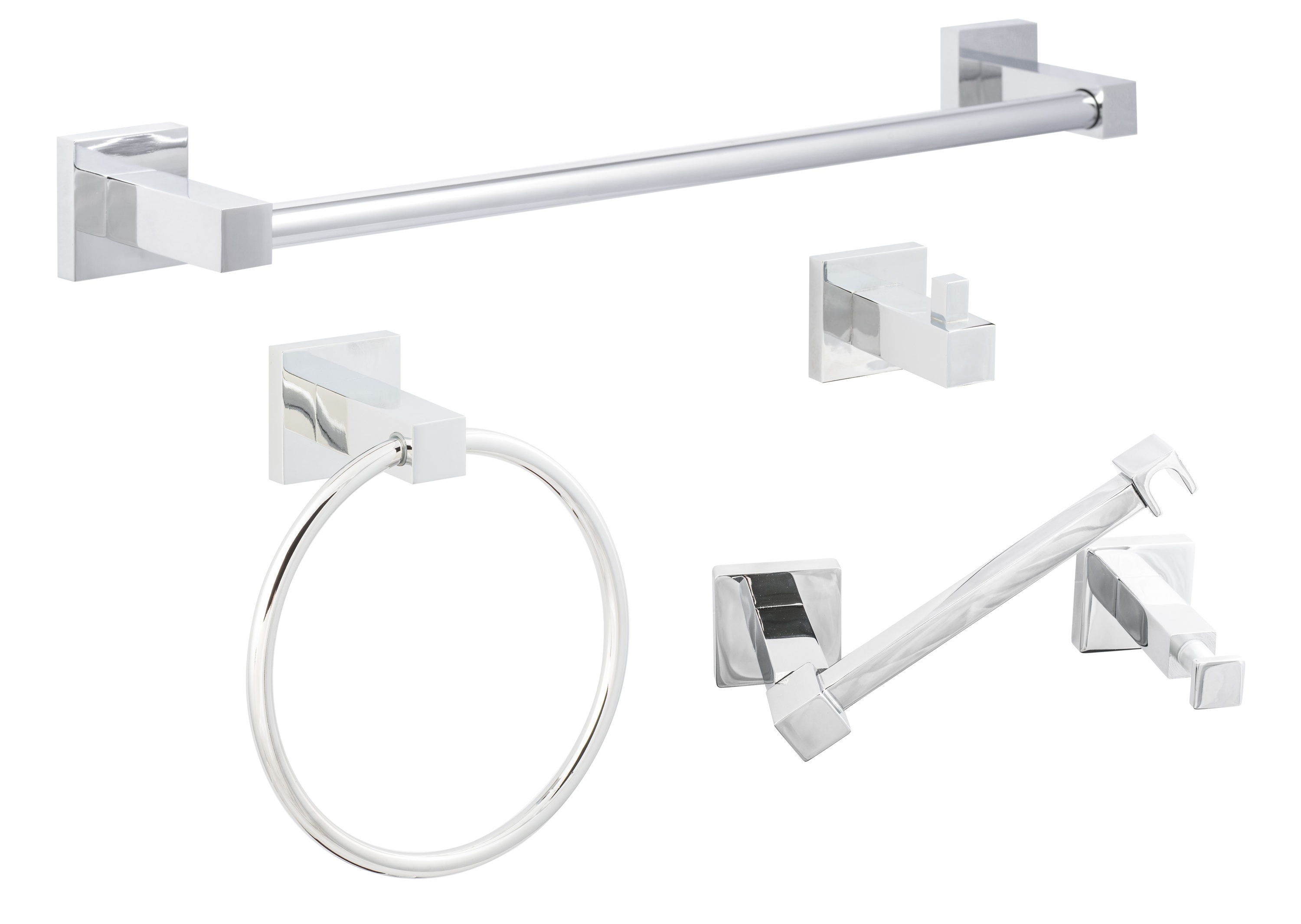 Juego de accesorios decorativos para baño de cromo pulido Baden de 4 piezas de Sure-Loc Hardware: barra de toallas, porta rollo de papel, argolla para toallas y gancho para batas incluidos.