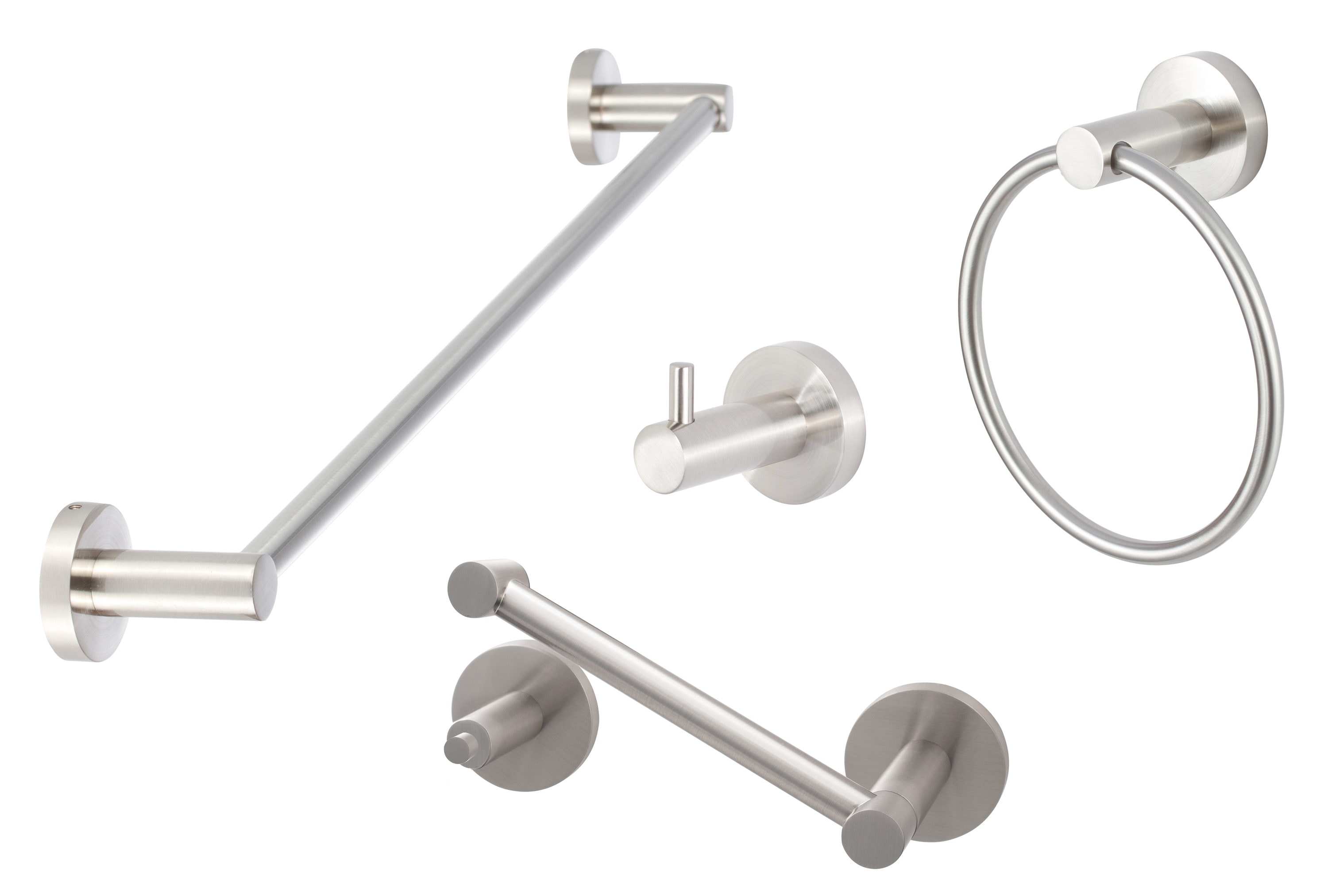 Juego de accesorios para baño decorativos de 4 piezas en níquel satinado Lugano de Sure-Loc Hardware: barra de toallas, porta papel higiénico, anillo de toalla, gancho para batas incluido LG-SET PH2 15