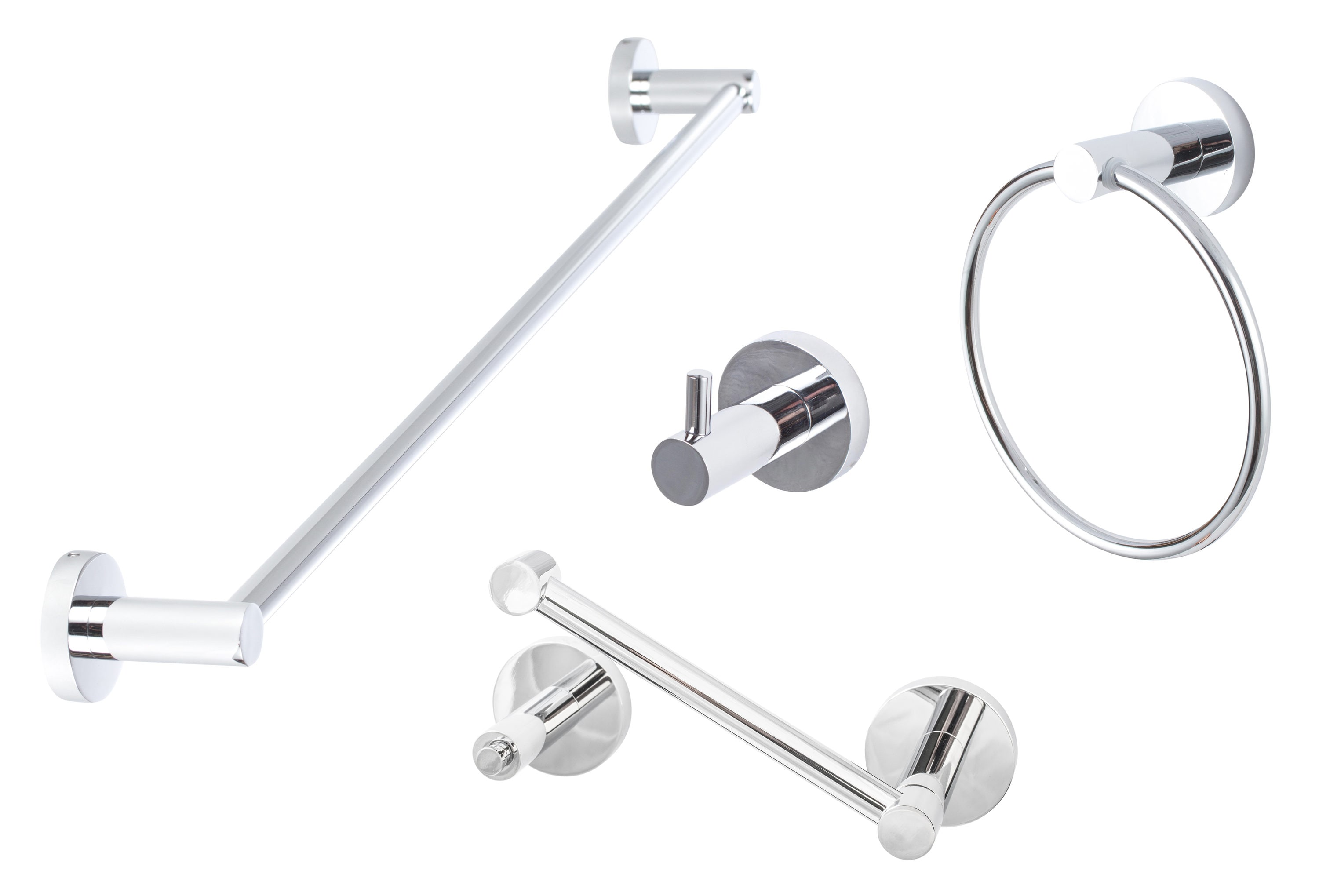 Juego de accesorios para baño de cromo pulido Lugano de 4 piezas de Sure-Loc Hardware: Barra de toallas, soporte de papel higiénico, argolla de toallas y gancho para batas incluidos LG-SET PH2 26