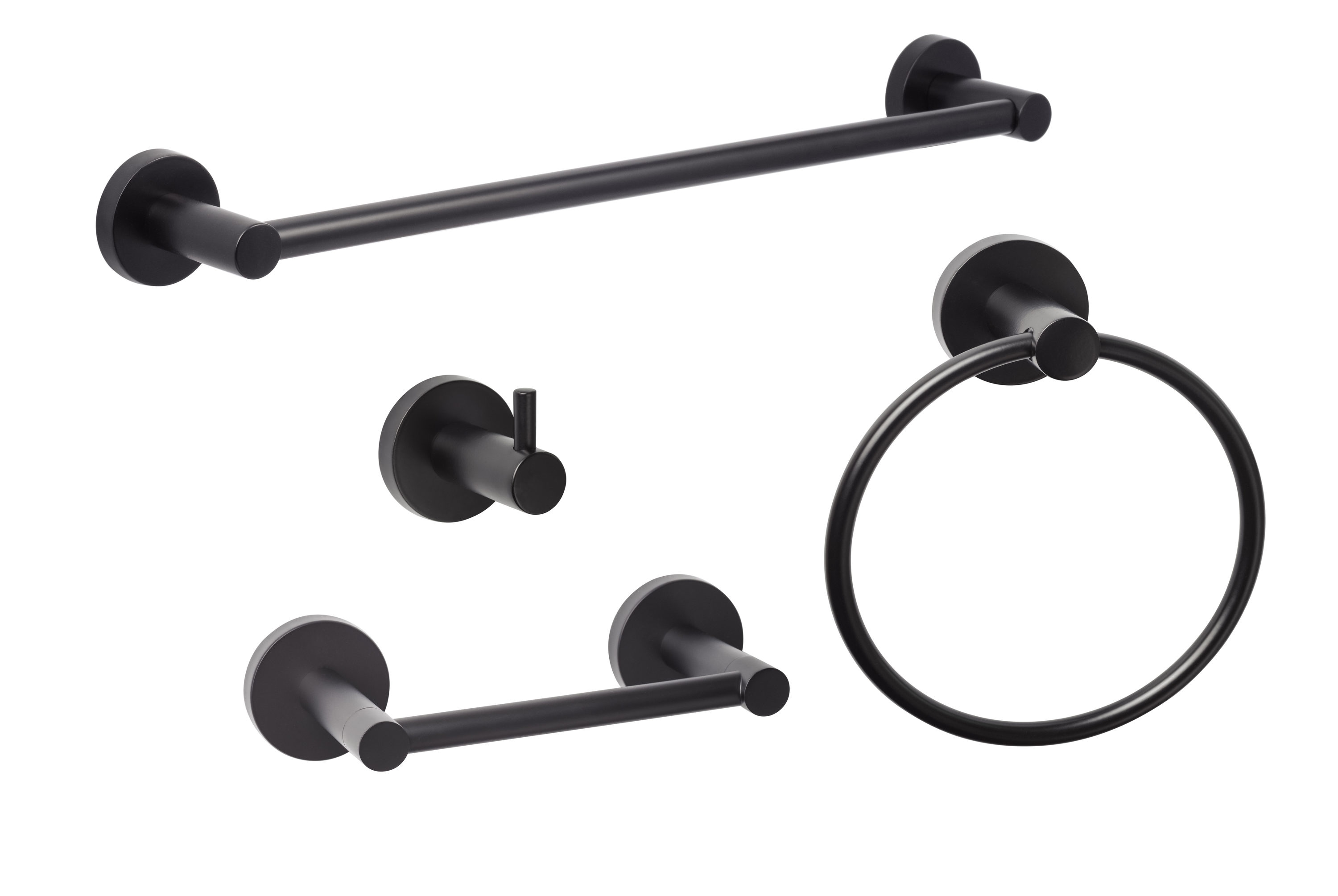Juego de Accesorios de Baño Decorativos en Negro Mate de 4 piezas de Sure-Loc Hardware Lugano - Barra de Toalla, Porta Papel, Argolla de Toalla y Gancho para Bata incluidos LG-SET PH2 FBL