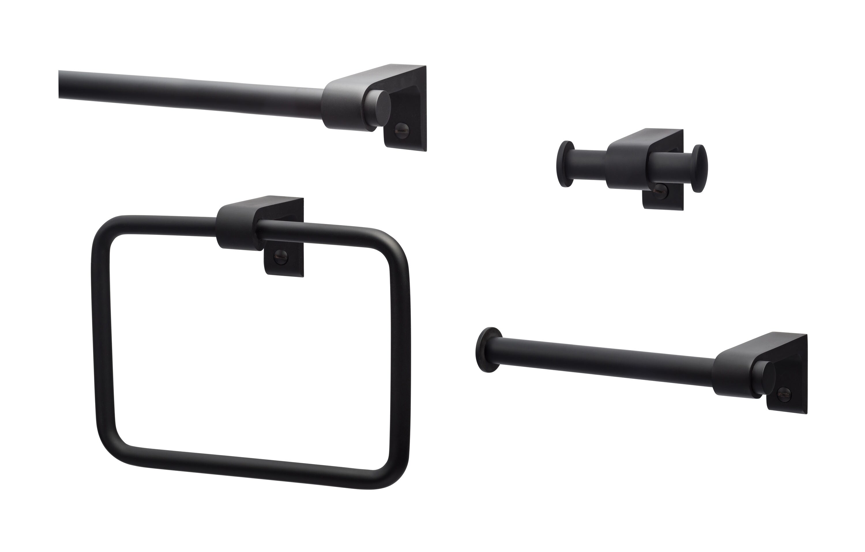 Juego de Accesorios de Baño Decorativos en Negro Mate de 4 Piezas Sedona Sure-Loc Hardware - Incluye Barra de Toalla, Portarrollos, Argolla de Toalla y Gancho para Bata