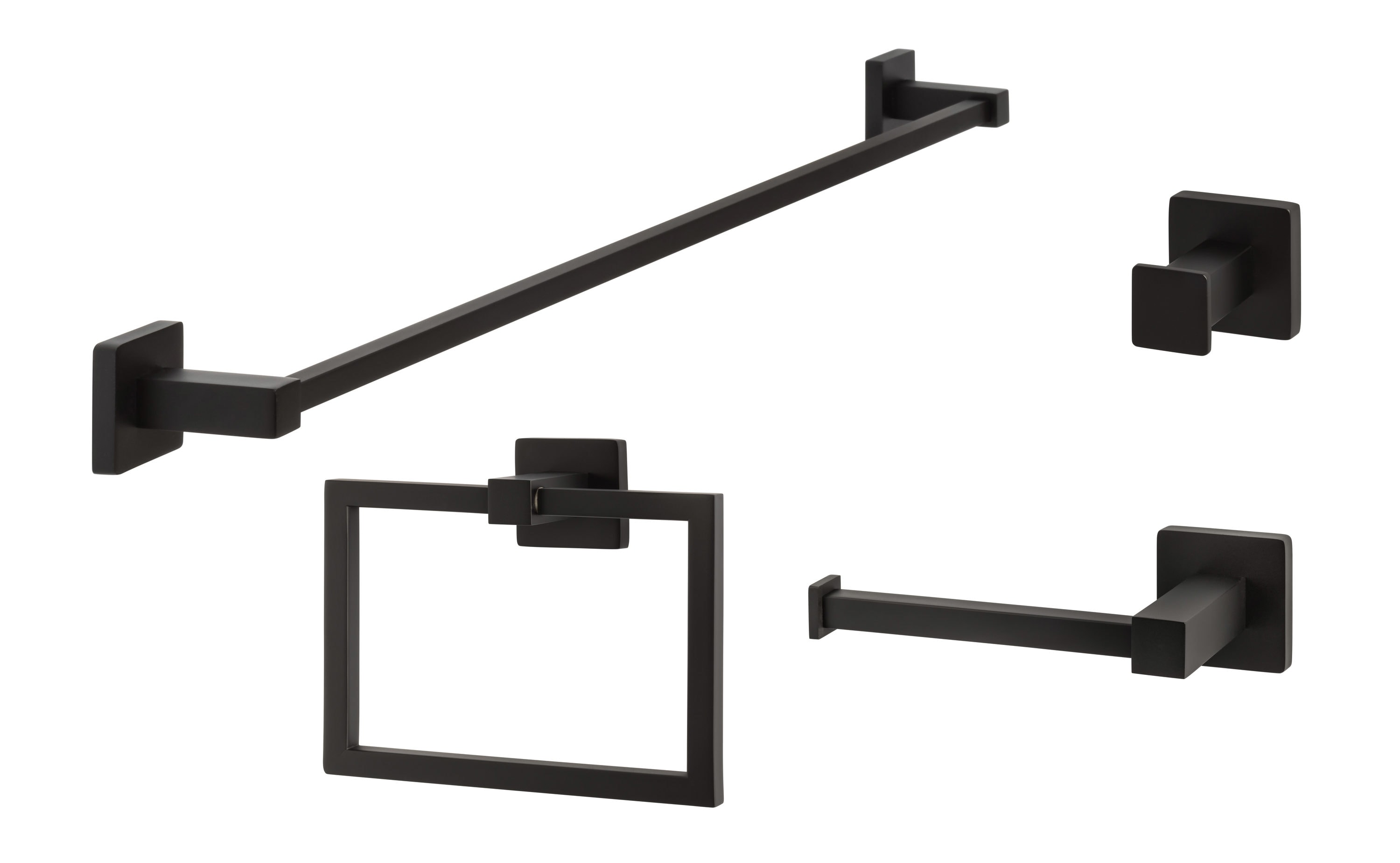 Juego de accesorios decorativos para baño en negro mate de 4 piezas Sure-Loc Hardware Vlora: Barra de toalla, porta papel higiénico, argolla para toallas y gancho para batas incluidos VR-SET PH1 FBL