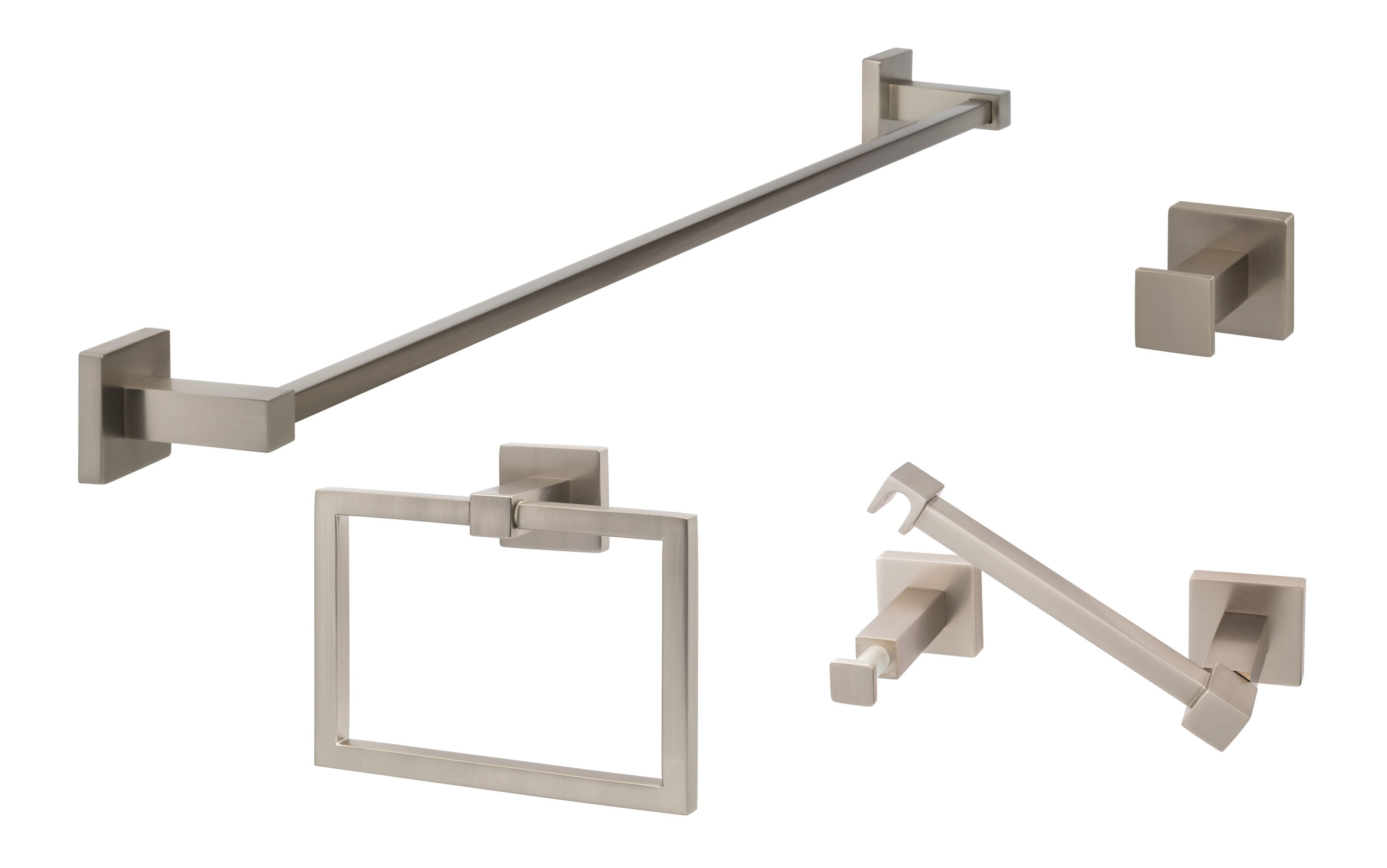 Juego de accesorios de baño decorativos Sure-Loc Hardware Vlora de 4 piezas en níquel satinado - Barra de toalla, portarrollos, argolla de toalla y gancho para batas incluidos VR-SET PH2 15