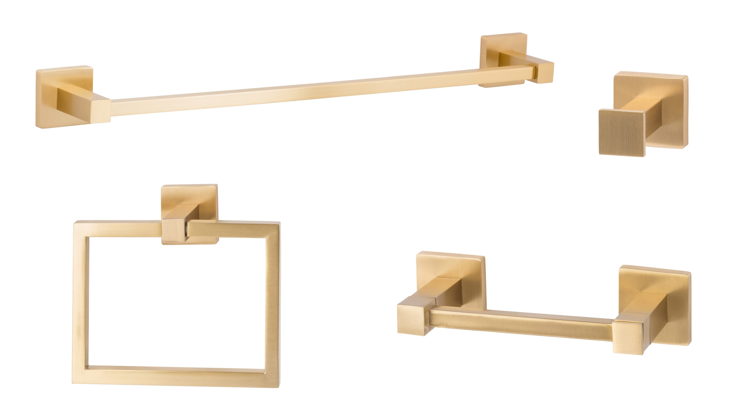 Juego de 4 piezas de herrajes decorativos para baño en latón satinado Vlora Sure-Loc: barra de toallas, porta papel higiénico, argolla de toallas y gancho para batas incluidos.