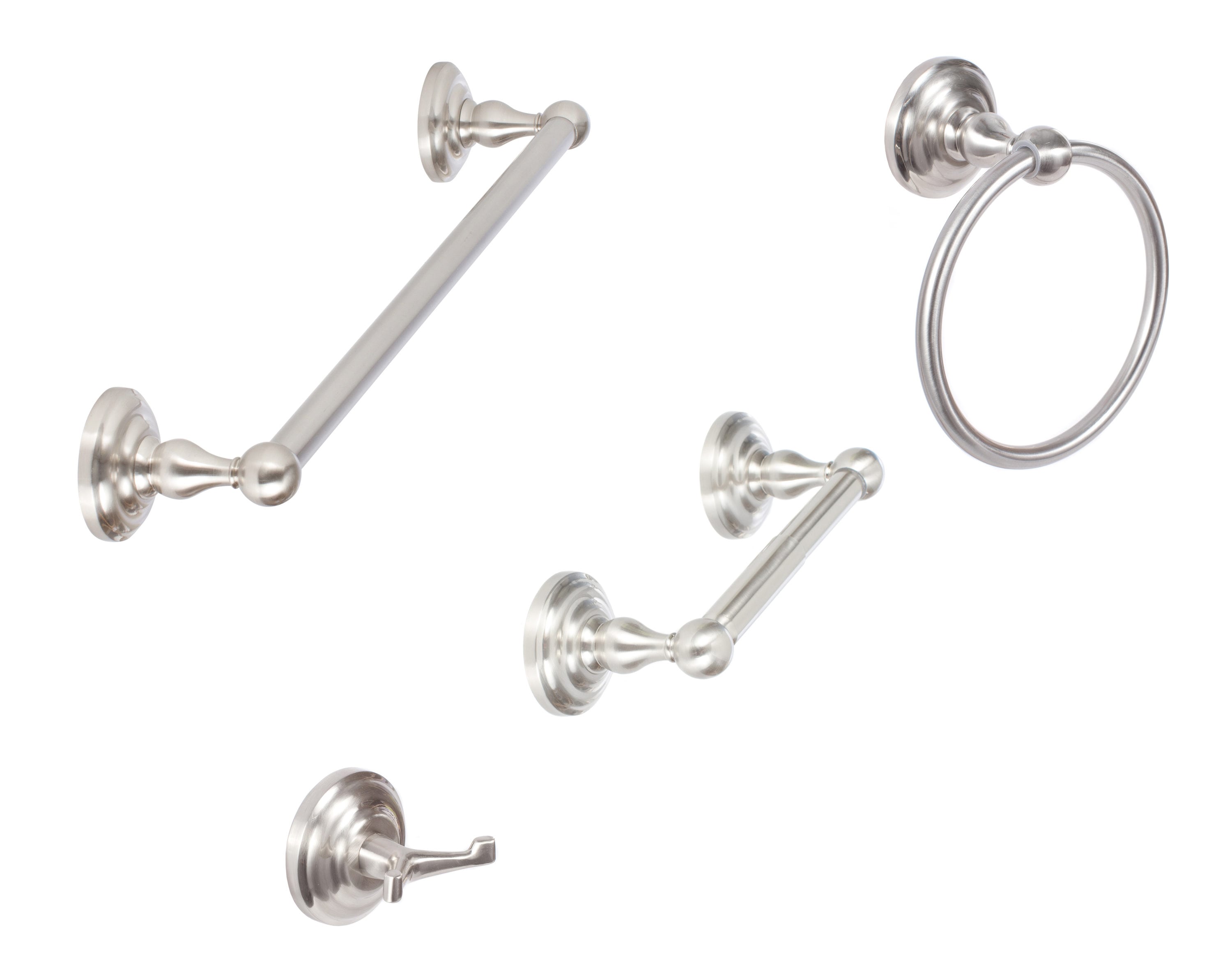 Juego de Accesorios para Baño Decorativos Sure-Loc Hardware de 4 Piezas en Níquel Satinado Estilo Boulder: Barra para Toallas, Porta Papel Higiénico, Anillo para Toallas y Gancho para Batas incluidos BL-SET PH2 15