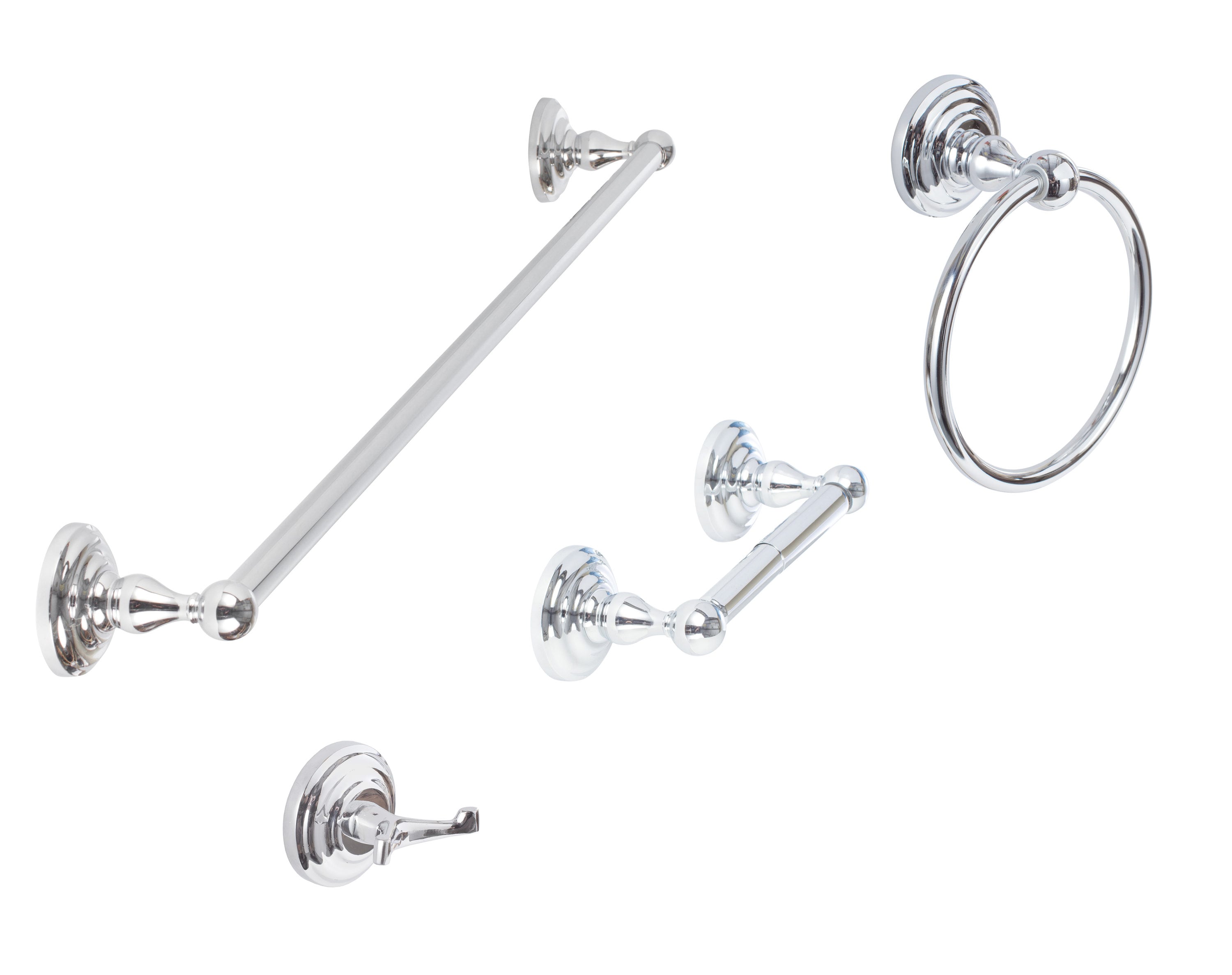 Juego de accesorios de baño decorativos Sure-Loc Hardware Boulder de 4 piezas en cromo pulido - Incluye barra de toalla, portarrollos, argolla para toalla y gancho para batas BL-SET PH2 26