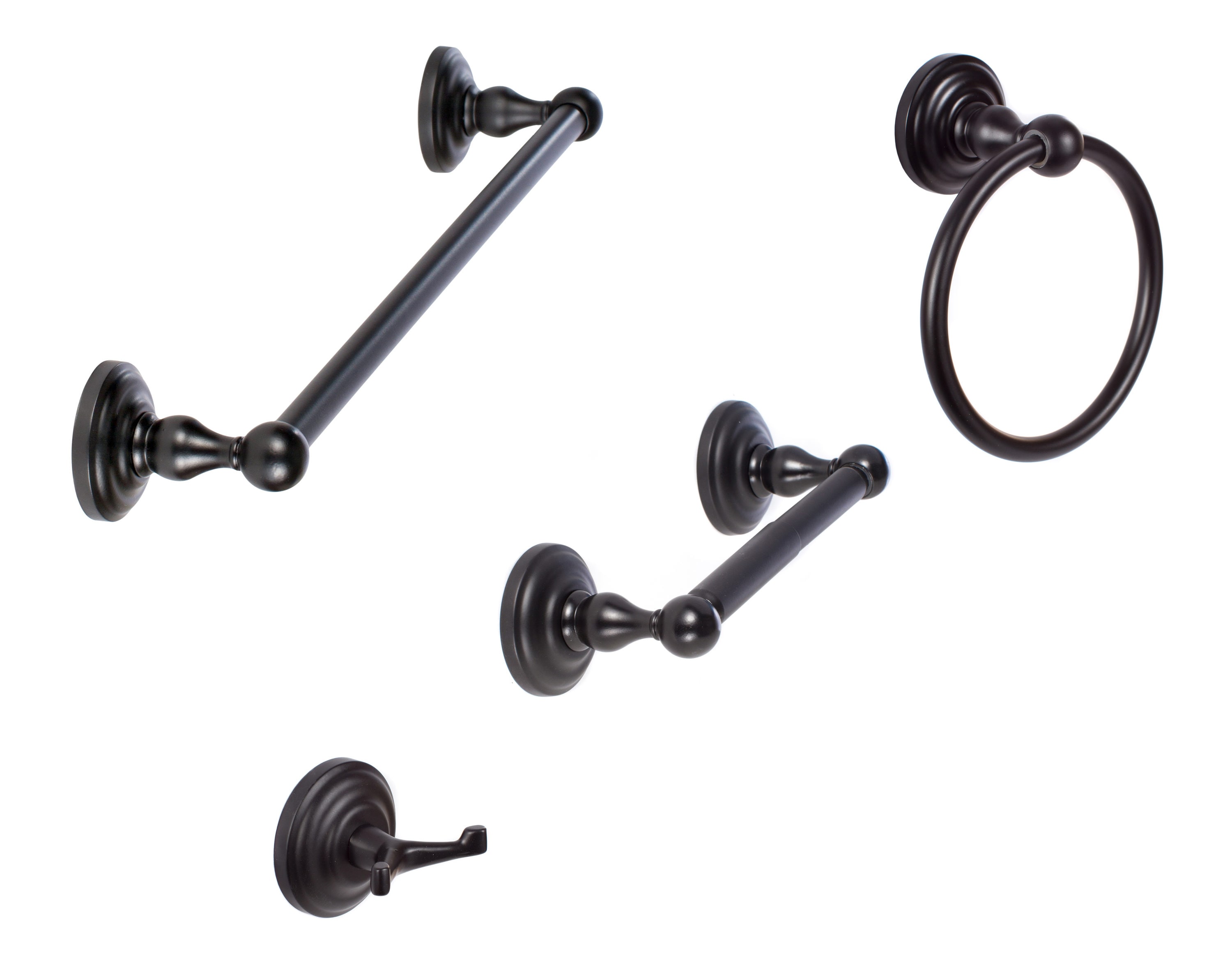 Juego de hardware decorativo para baño de 4 piezas en negro mate "Boulder". Incluye barra de toalla, porta papel higiénico, argolla para toalla y gancho para batas.