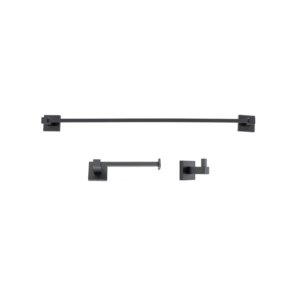 Set de accesorios para baño en negro mate de 3 piezas de Trieste, incluye barra para toallas, porta papel higiénico, argolla para toallas y gancho para batas. Incluido TR318SET.