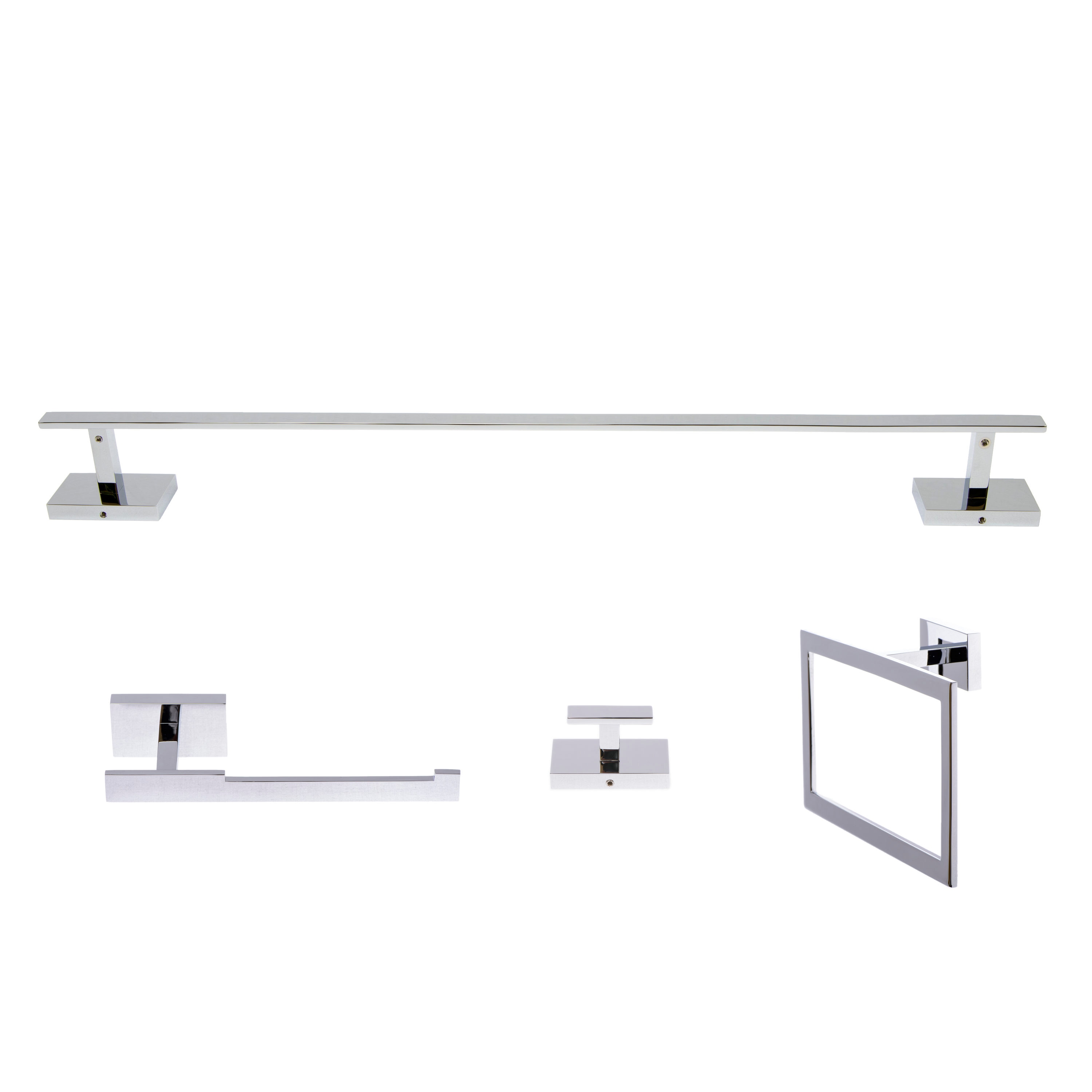 Set de accesorios para baño decorativo en cromo pulido de 4 piezas Genoa Italia, incluye barra de toalla, portarrollos de papel higiénico y gancho para batas.