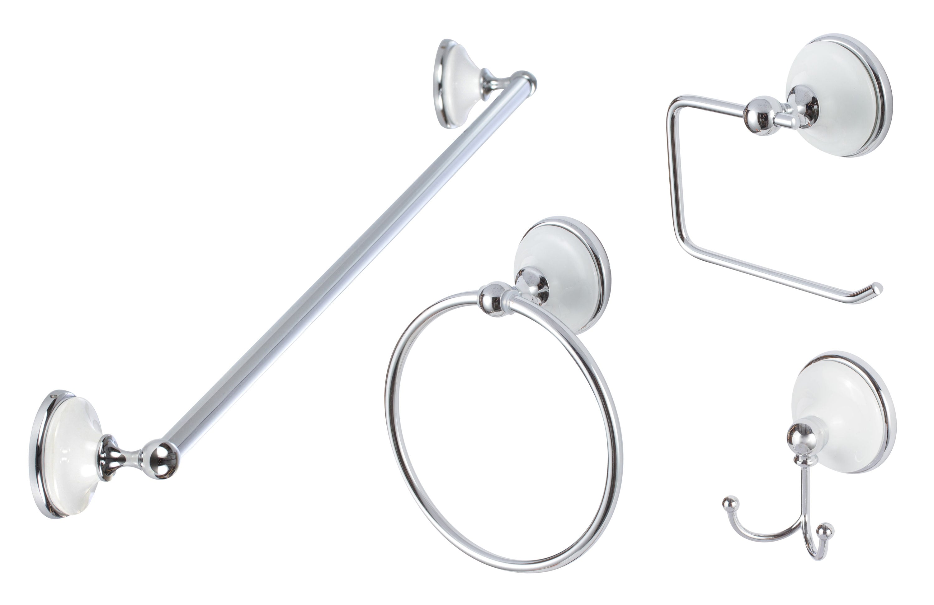 Juego de accesorios para baño decorativos de 4 piezas Sure-Loc Hardware Brighton cromado pulido con porcelana blanca - Incluye barra de toallas, portarrollos de papel, argolla para toallas y gancho para batas. (BT-SET 26W)