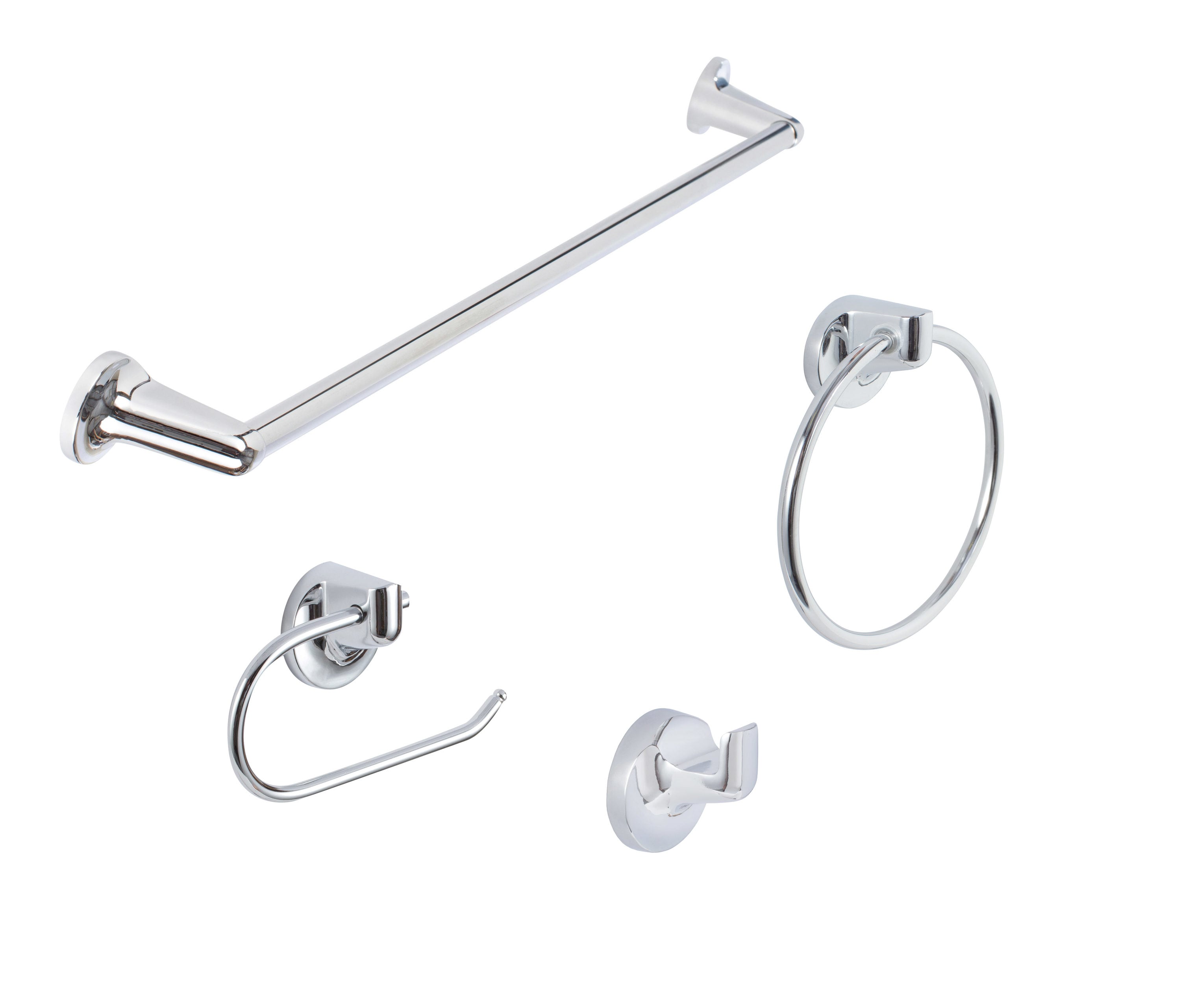 Juego de accesorios de baño decorativos en cromo pulido Sure-Loc Hardware de 4 piezas Sierra: barra para toallas, portarrollos, argolla para toalla y gancho para batas incluidos SA-SET PH1 26