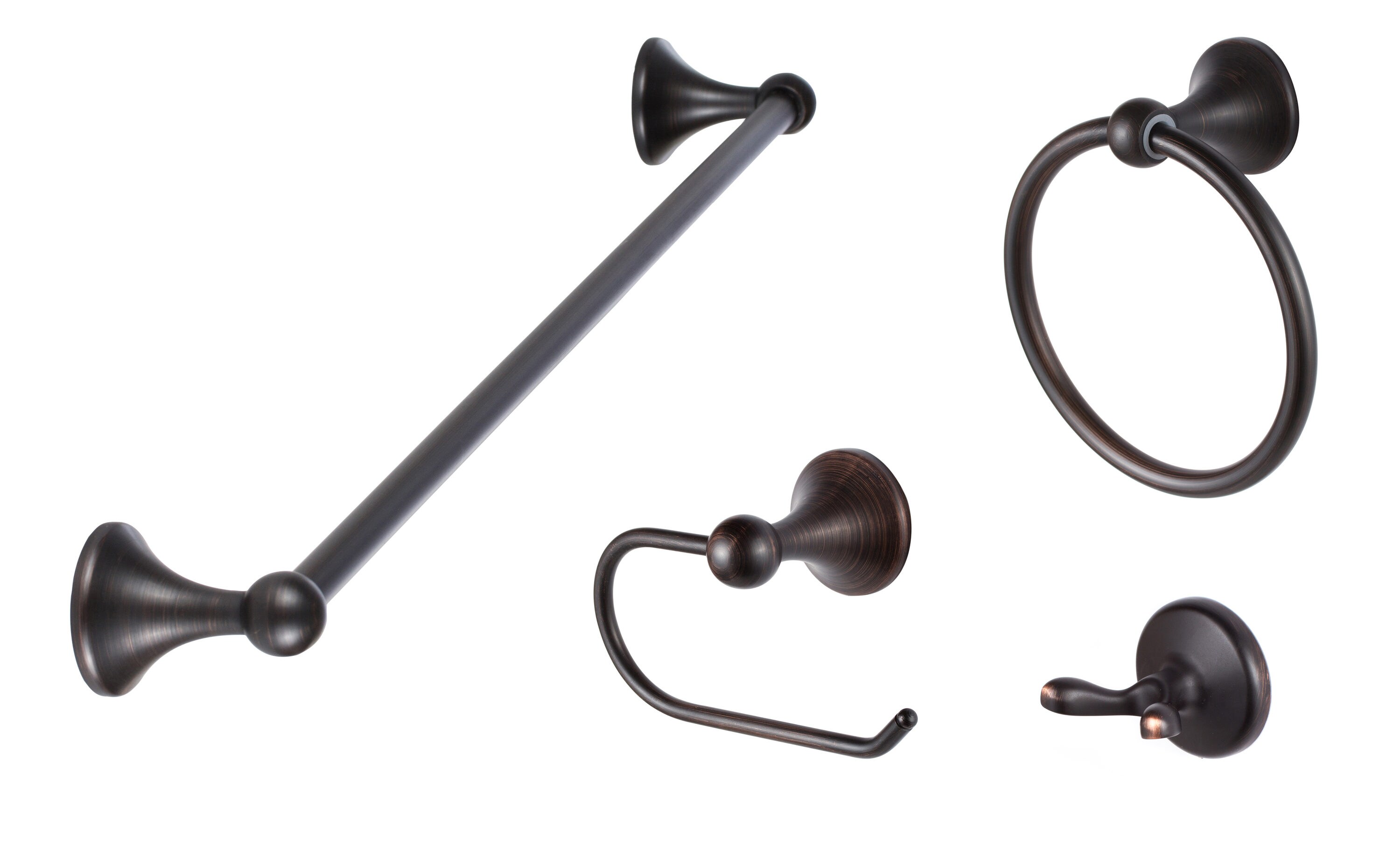 Juego de accesorios de baño decorativos vintage en bronce de 4 piezas Sure-Loc Hardware Ventura - Barra de toalla, portarrollos, argolla de toalla y gancho para batas incluidos VT-SET PH1 11P
