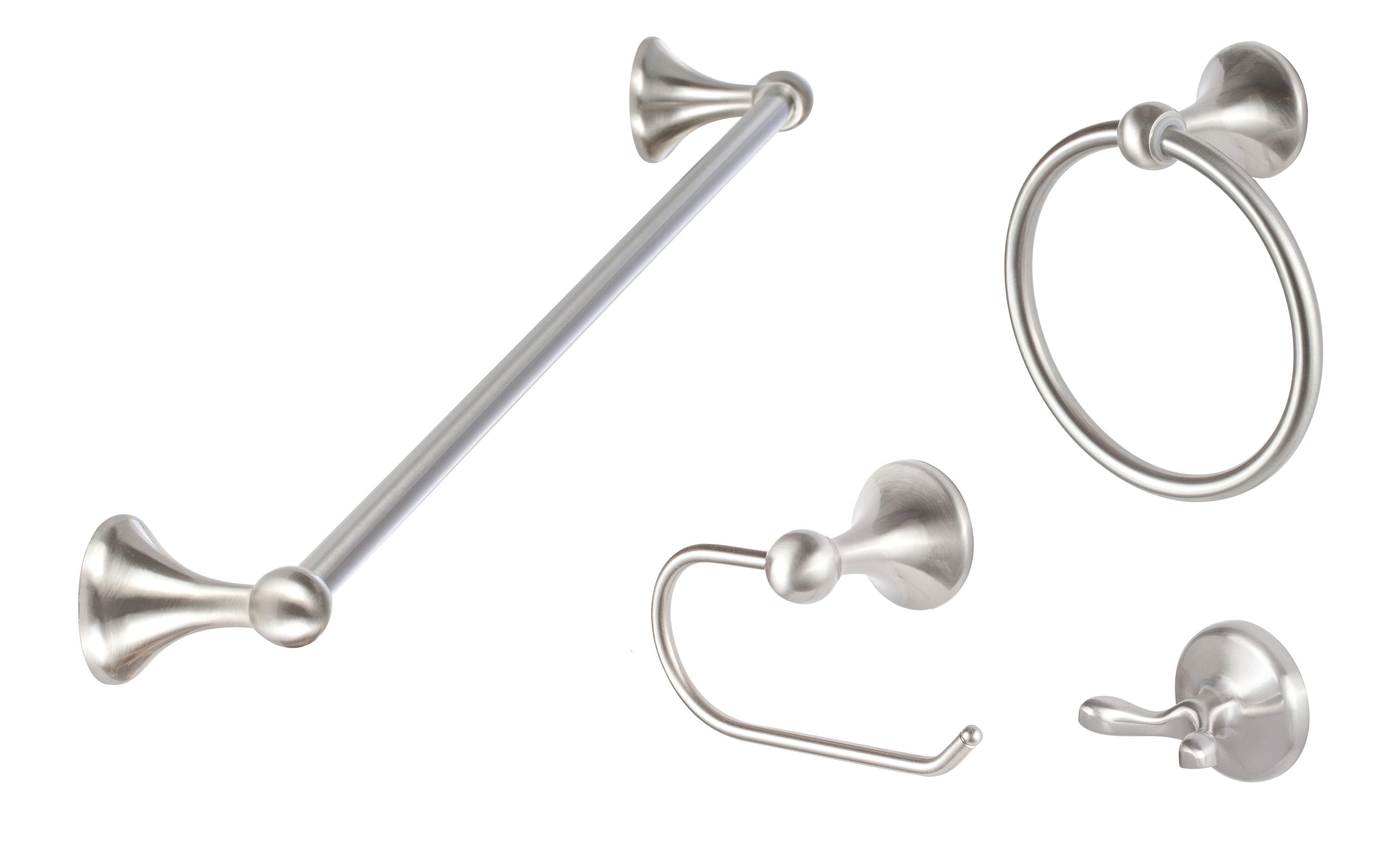 Juego de accesorios para baño de 4 piezas en níquel satinado Ventura de Sure-Loc Hardware: Barra para toallas, porta papel higiénico, argolla para toallas y gancho para batas incluidos VT-SET PH1 15