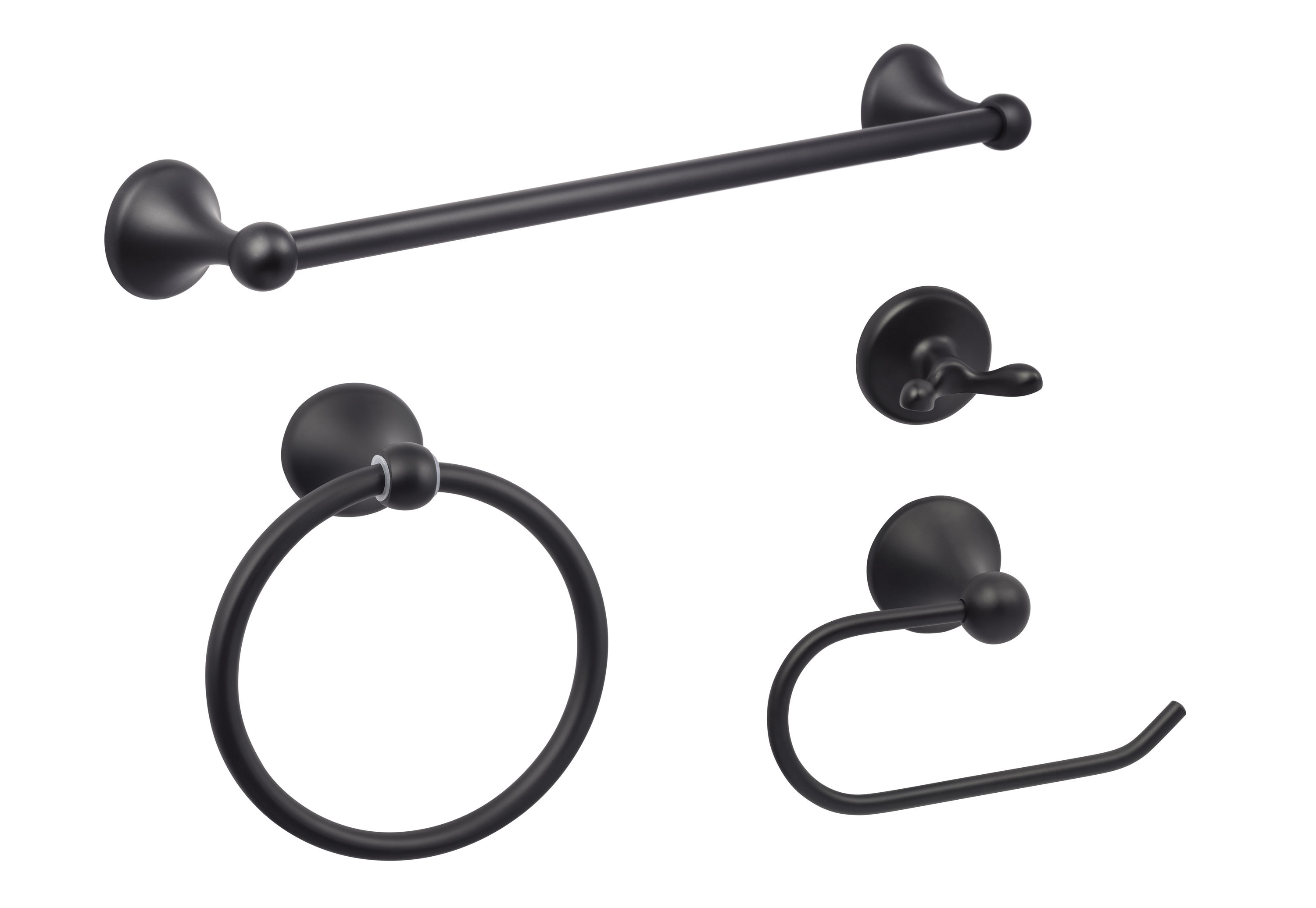 Juego de accesorios de baño decorativos en negro mate de 4 piezas Ventura de Sure-Loc Hardware - Incluye barra de toallas, portarrollos, argolla de toallas y gancho para batas VT-SET PH1 FBL