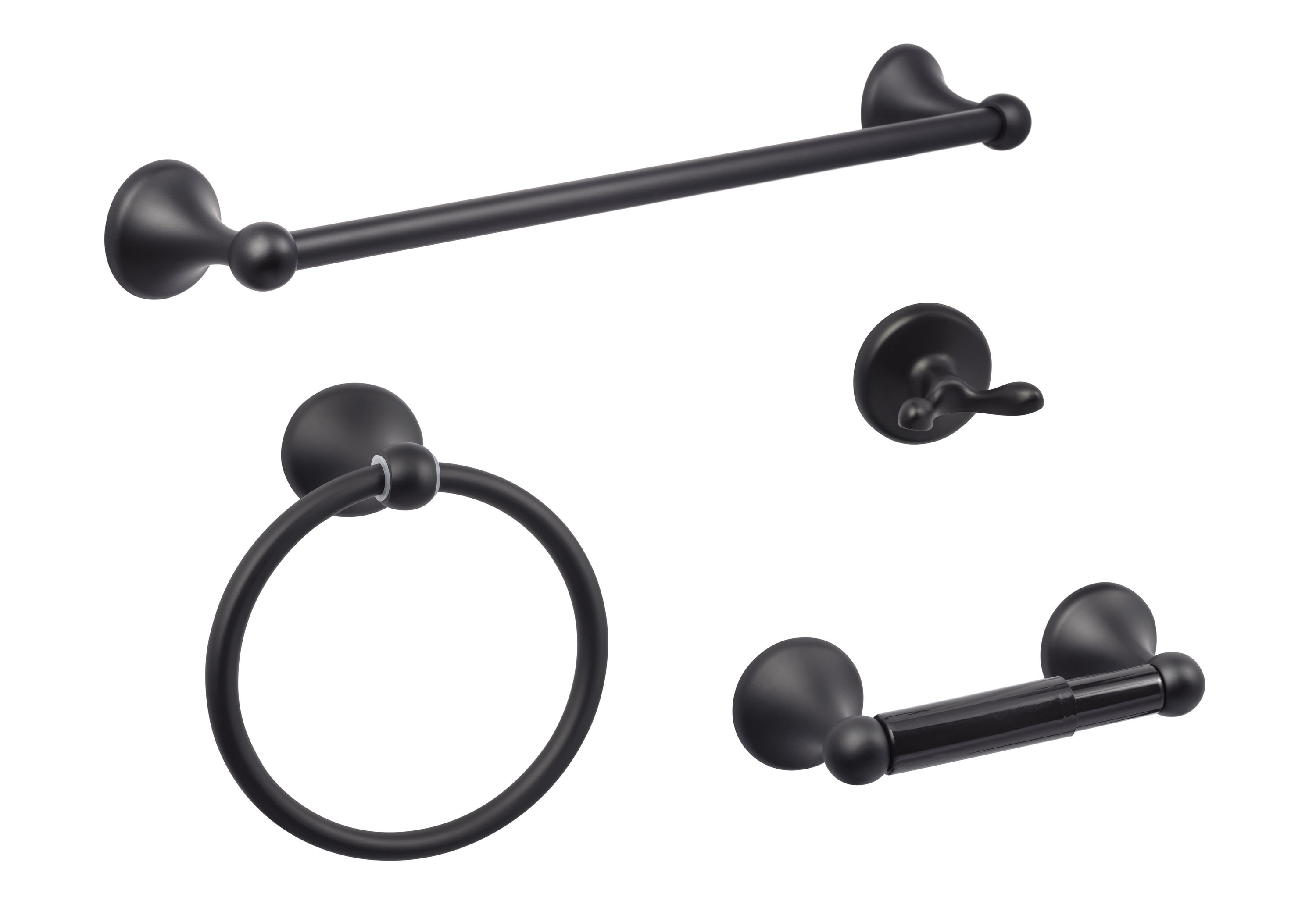 Juego de Accesorios de Baño Decorativos en Negro Mate de 4 Piezas Sure-Loc Hardware Ventura: Barra para Toallas, Porta Rollos de Papel Higiénico, Argolla para Toallas, Gancho para Batas Incluido VT-SET PH2 FBL