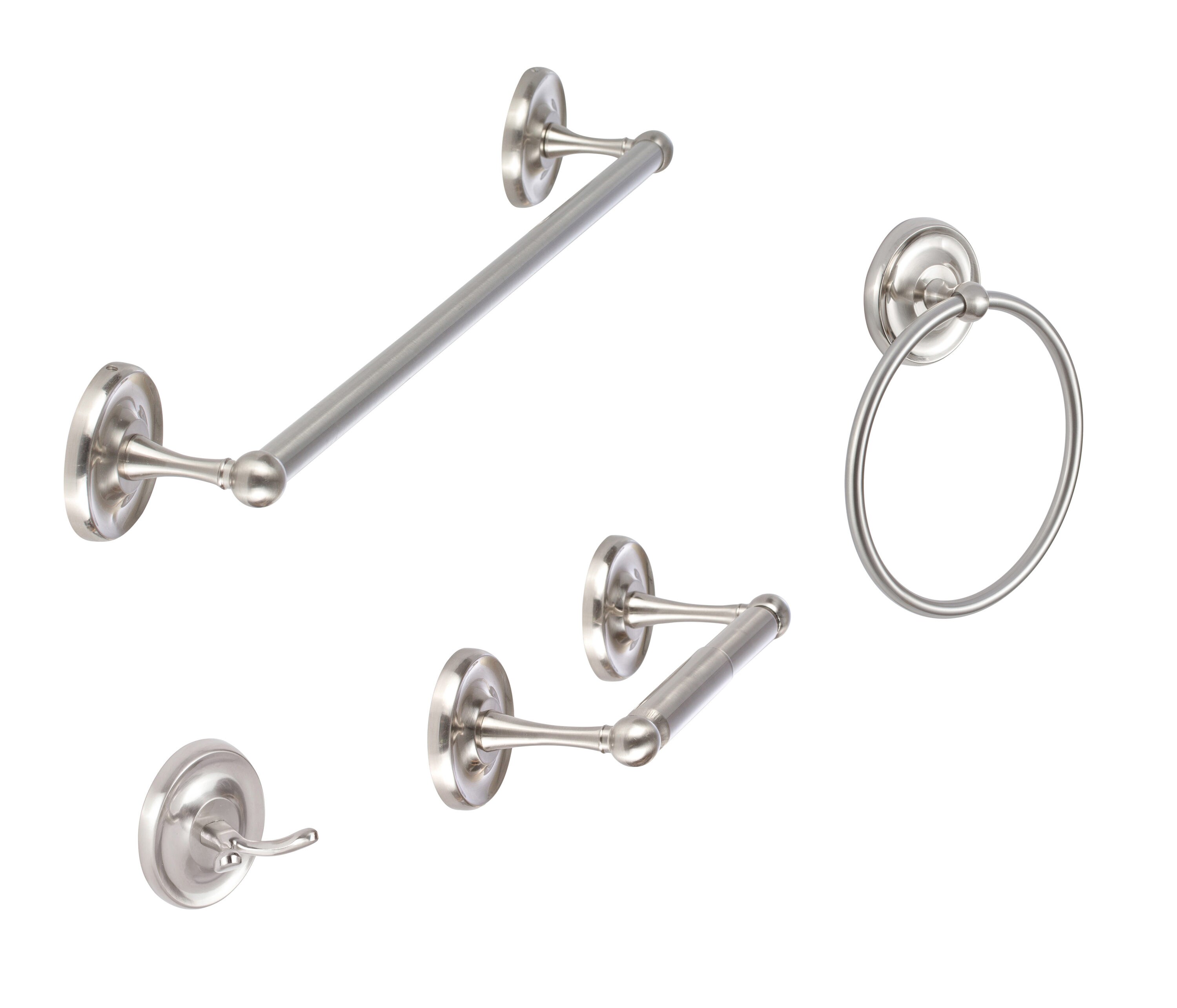 Juego de accesorios decorativos para baño de 4 piezas Sure-Loc Pinedale en níquel satinado: barra de toalla, portarrollos, anillo de toalla y gancho para batas incluidos PD-SET PH2 15.