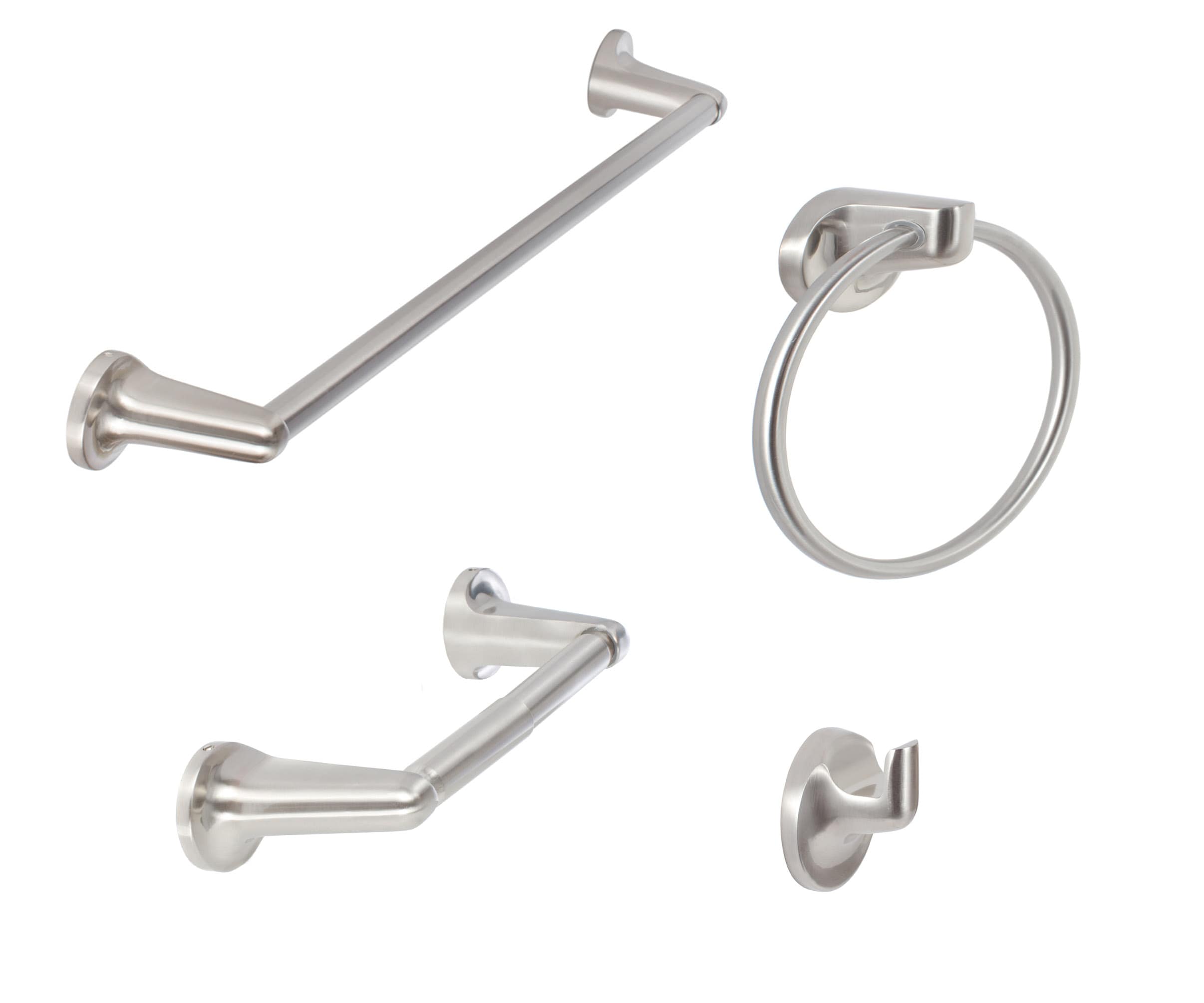 Set de accesorios decorativos para baño Sure-Loc Hardware de 4 piezas en níquel satinado modelo Sierra - Incluye barra para toallas, porta papel higiénico, argolla para toallas y gancho para batas SA-SET PH2 15