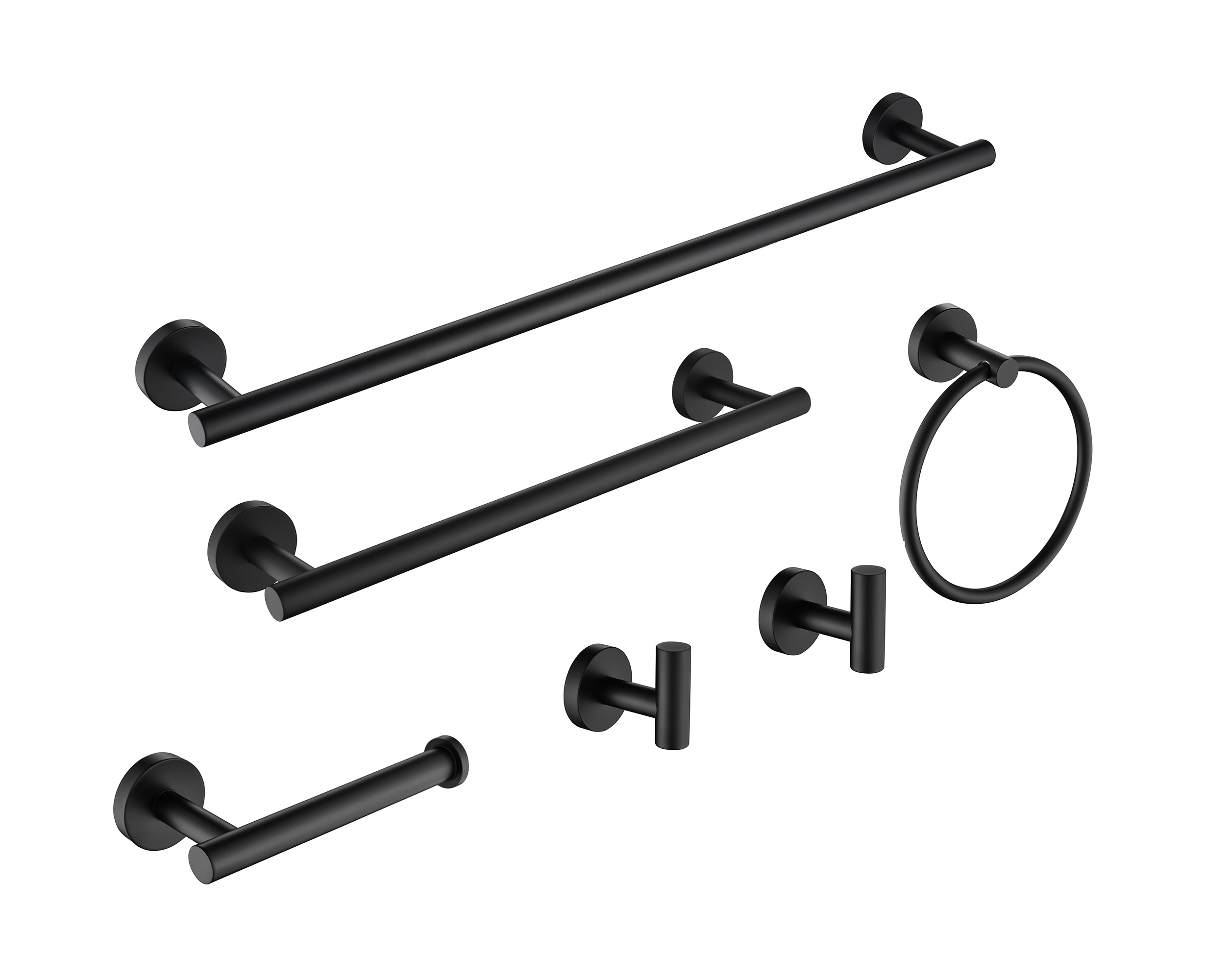 Juego de accesorios decorativos para baño de 5 piezas en negro mate incluye barra de toalla, porta papel higiénico, anillo para toalla y gancho para batas. WF-3300B