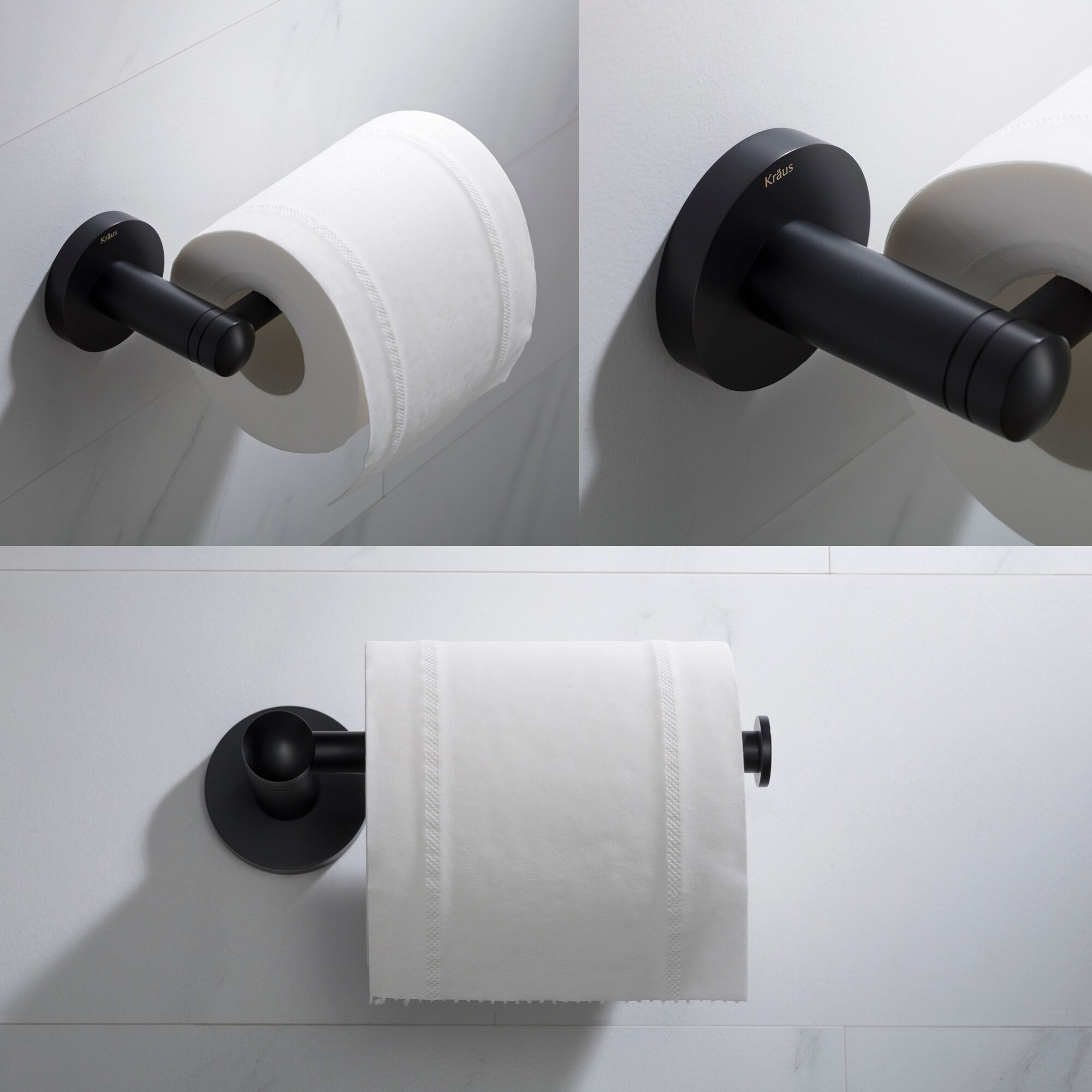 Juego de accesorios de baño decorativos en negro mate de 4 piezas Kraus - Incluye barra de toallas, porta papel, anillo para toallas y gancho para batas C-KEA-188MB