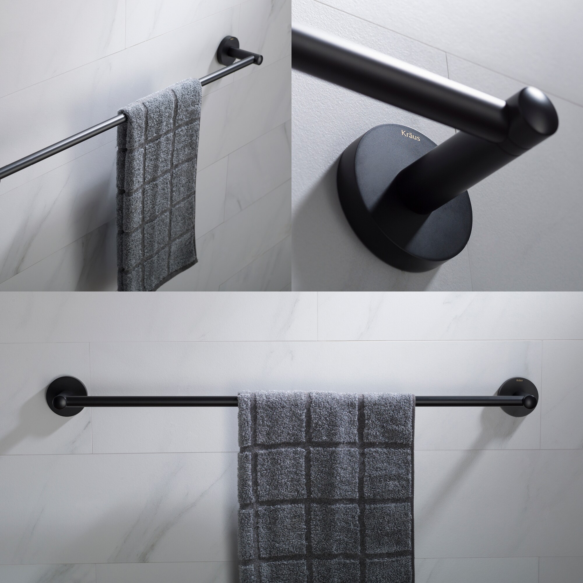 Juego de accesorios de baño decorativos en negro mate de 4 piezas Kraus - Incluye barra de toallas, porta papel, anillo para toallas y gancho para batas C-KEA-188MB